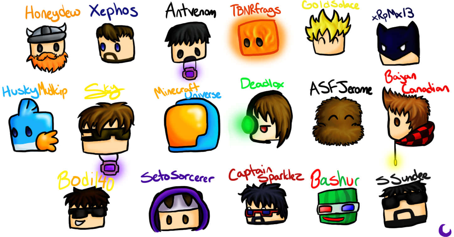 Minecraft YouTubers, 16 distinct cartoon character avatars, unique designs, HD Desktop Wallpaper