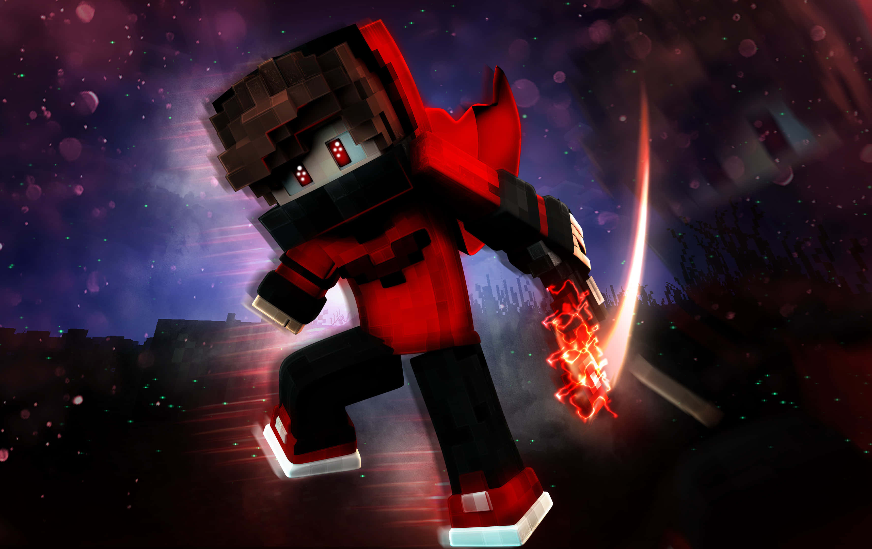 Minecraft, red armor, glowing sword, 2K Desktop Wallpaper