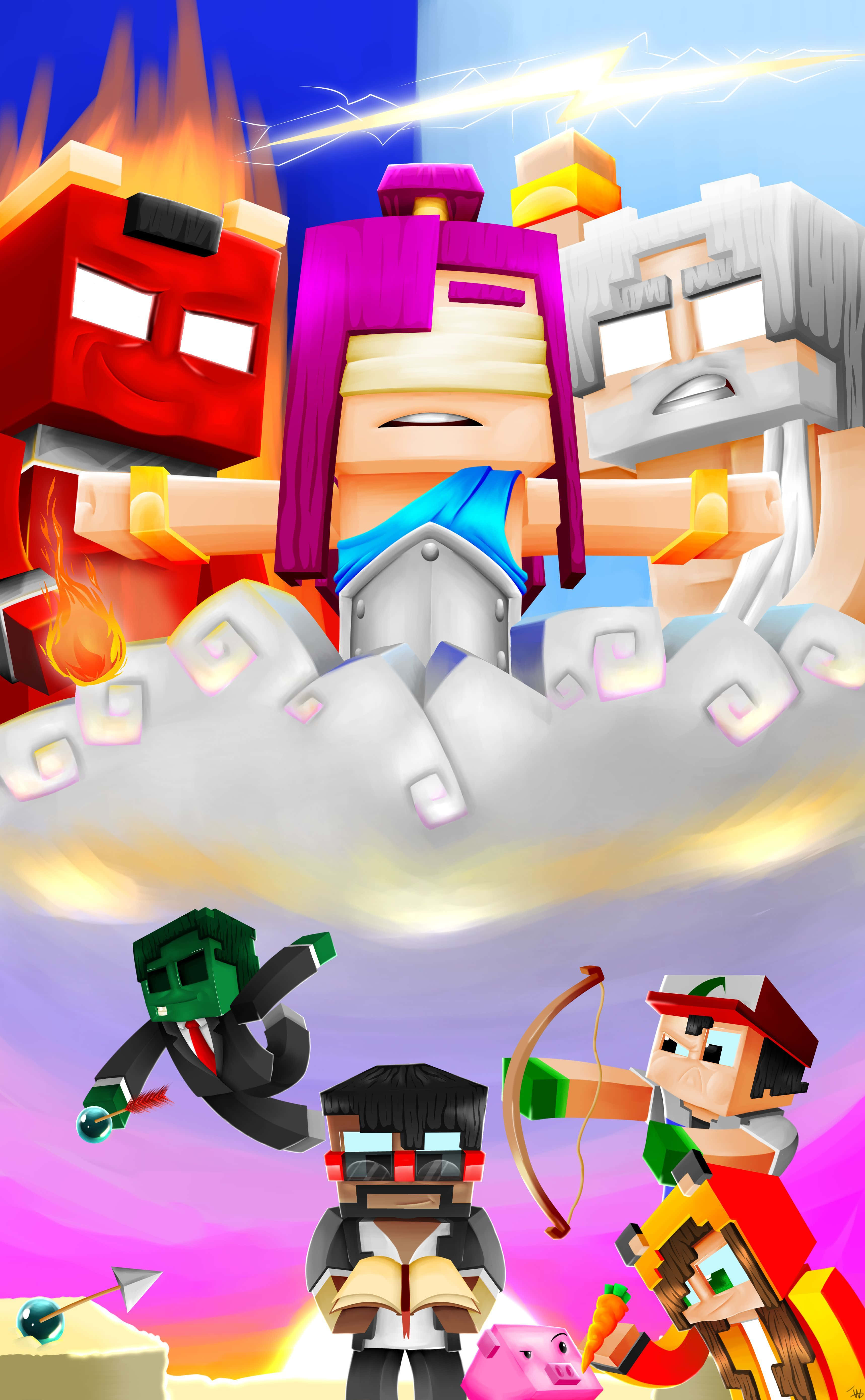 Minecraft YouTubers, blocky characters, clouds, 5K Phone Wallpaper