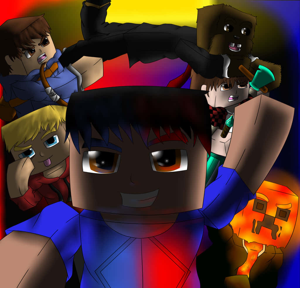 Minecraft YouTubers, blocky anime characters, glowing eyes, SD Desktop Wallpaper