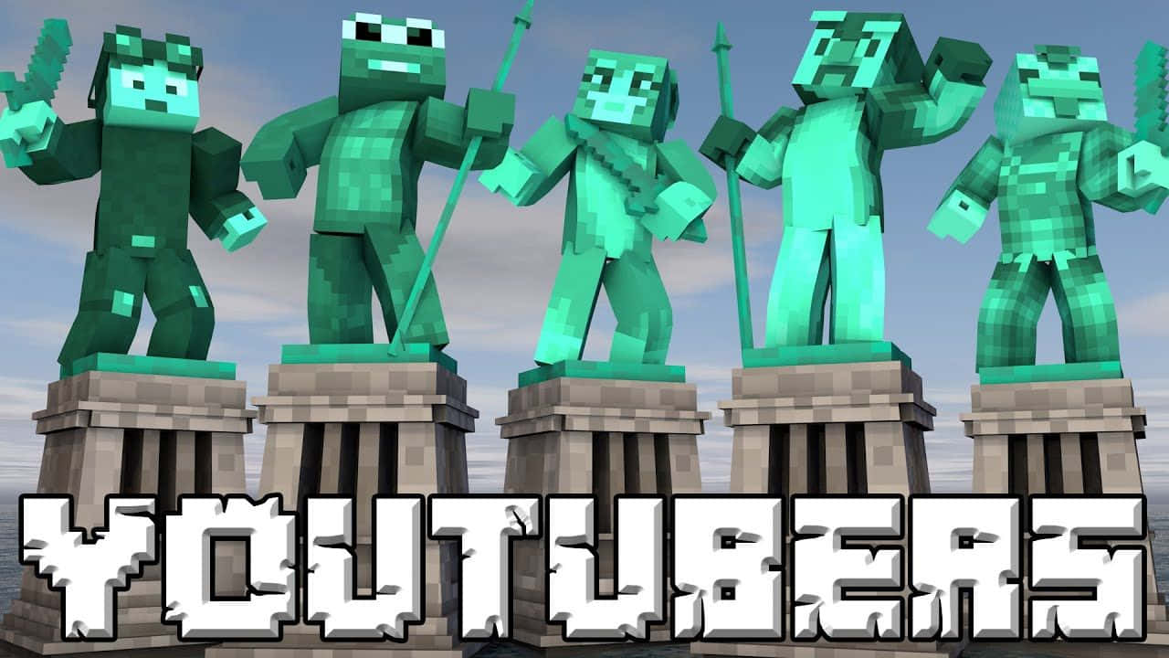 Minecraft YouTubers, pixelated green zombie statues, stone pedestals, HD Desktop Wallpaper