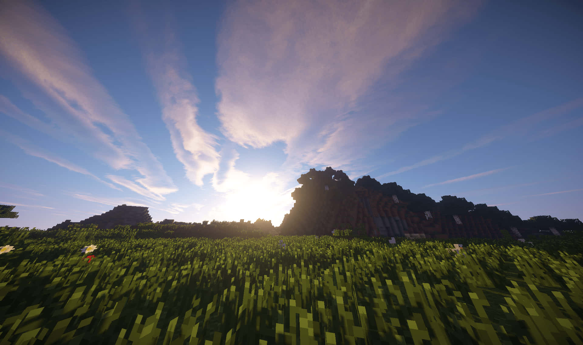 Minecraft Shaders, Sunset, blocky grassy plains, Full HD Desktop Wallpaper