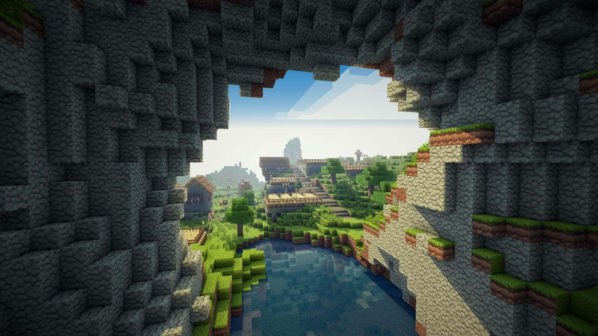 Minecraft, cave entrance, vibrant pixelated village, Full HD Desktop Wallpaper