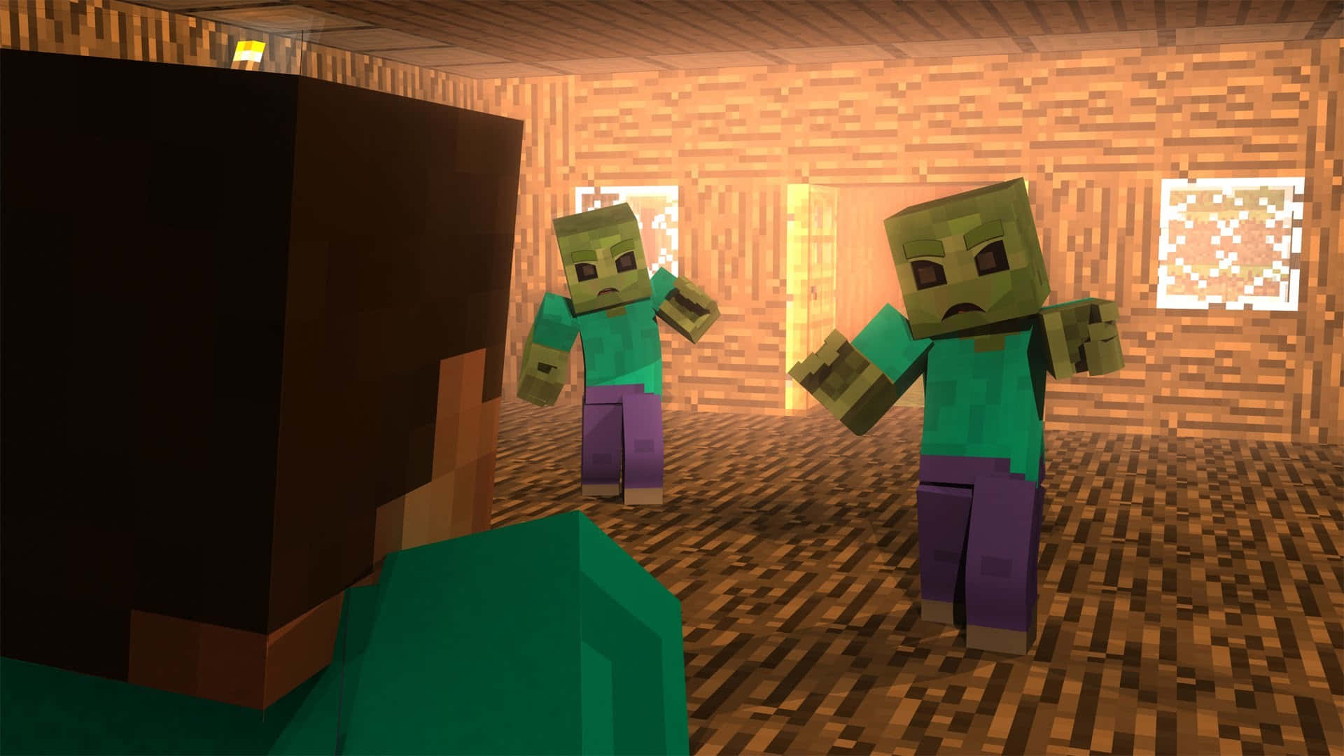 Minecraft Zombie, pixelated zombie characters, wooden Minecraft house, Full HD Desktop Wallpaper
