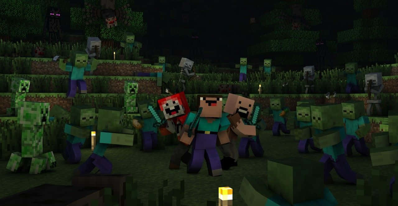 Minecraft Zombie, dark grassy biome, flickering torchlight, HD Desktop Wallpaper