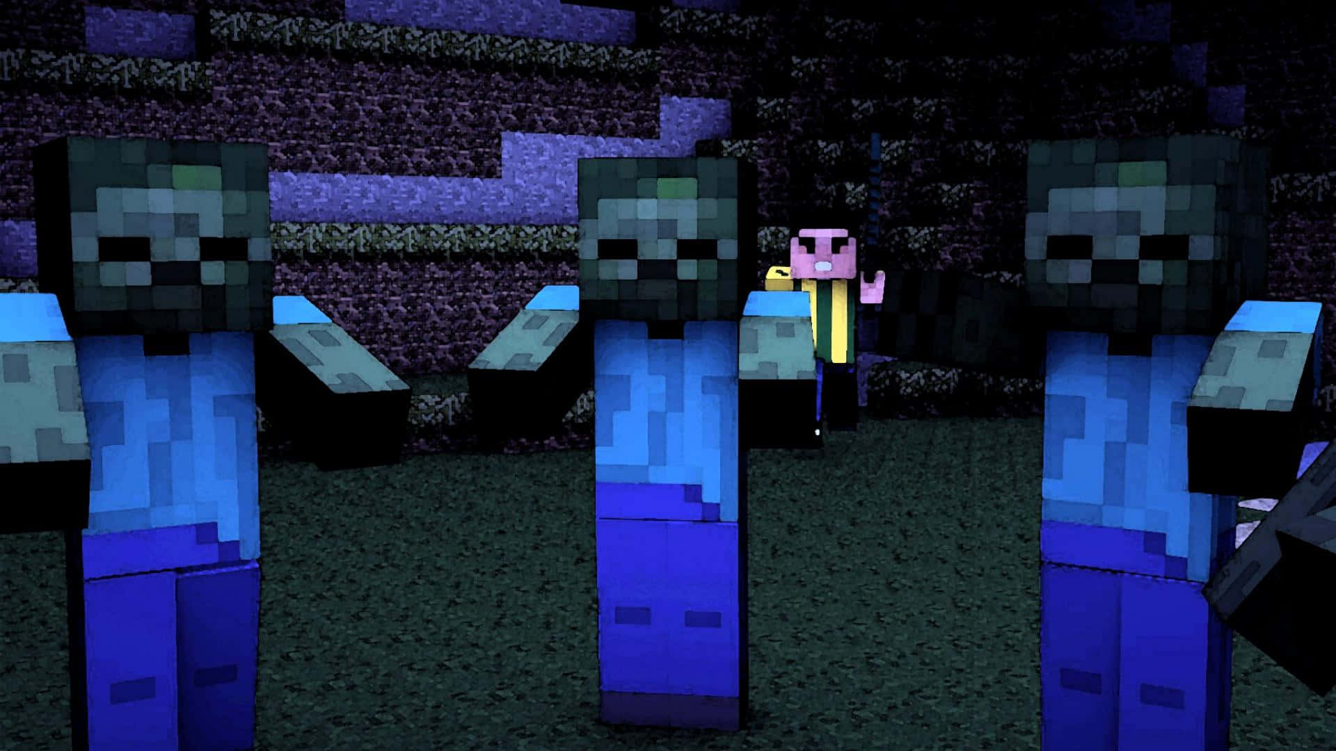Minecraft Zombie, yellow player, three zombie mobs, Full HD Desktop Wallpaper