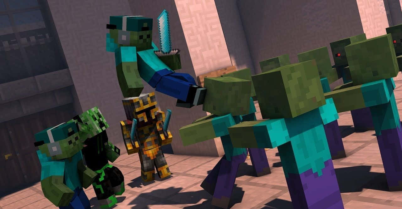 Minecraft, golden armor, pixelated zombies, HD Desktop Wallpaper