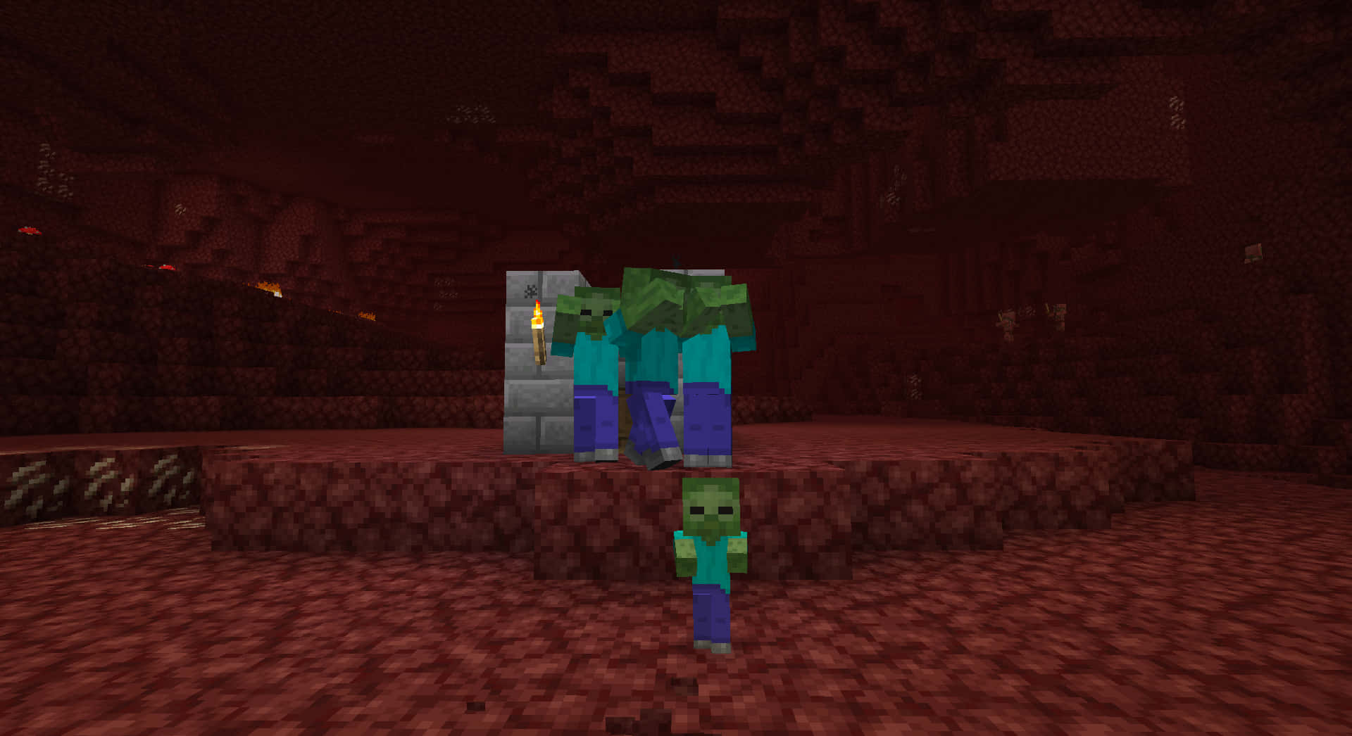 Minecraft Zombie, dark forest, dim red nether fortress, Full HD Desktop Wallpaper