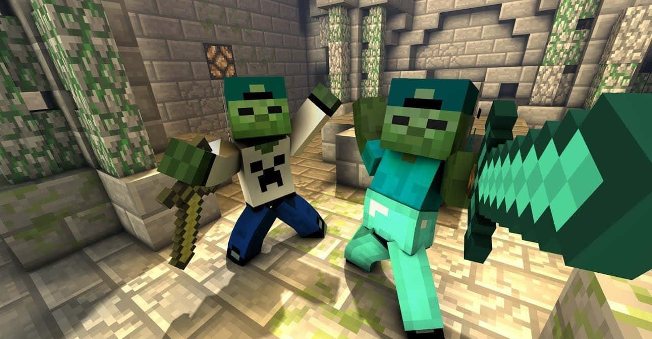 Minecraft Zombie, swords, stone dungeon, HD Desktop Wallpaper