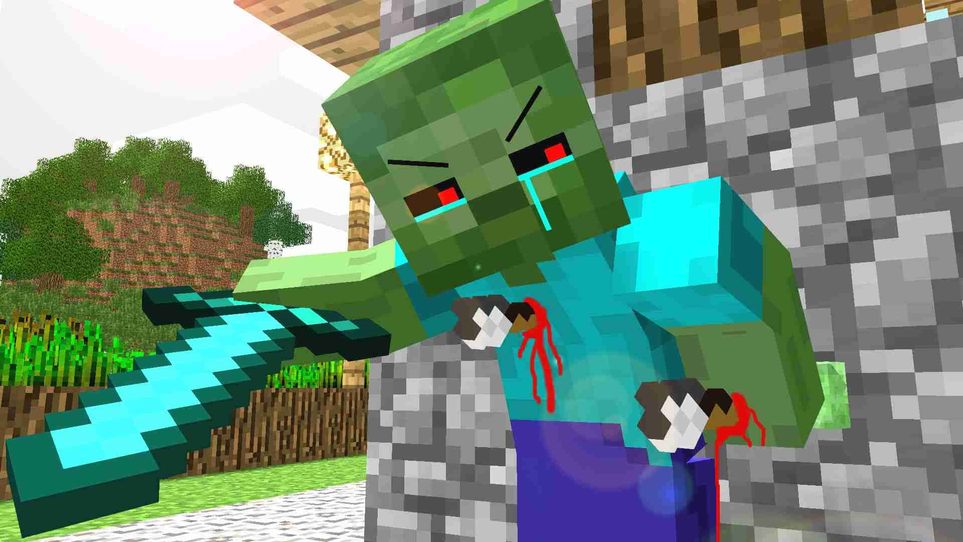 Minecraft zombie, red eyes, diamond sword, Full HD Desktop Wallpaper
