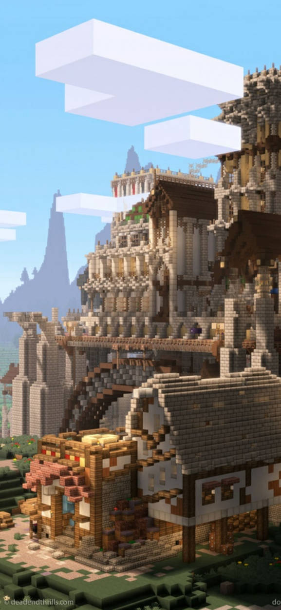 Minecraft, pixelated castle, wooden roofs, SD Phone Wallpaper