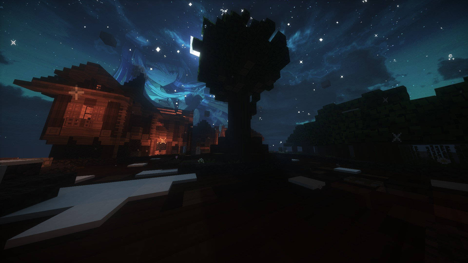 Minecraft, starry night sky, glowing tree, Full HD Desktop Wallpaper