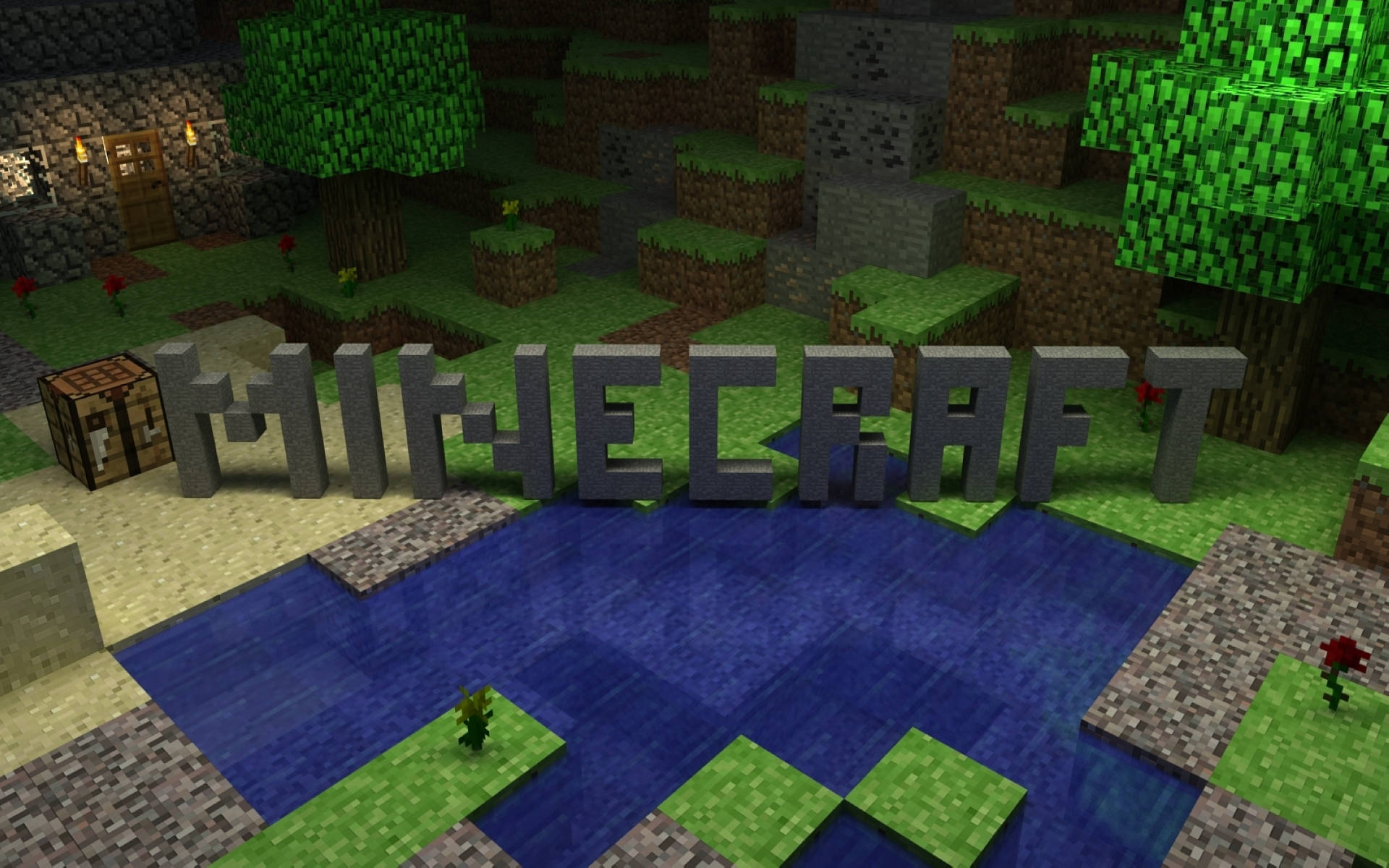 Minecraft, blocky logo, pixelated river, Full HD Desktop Wallpaper