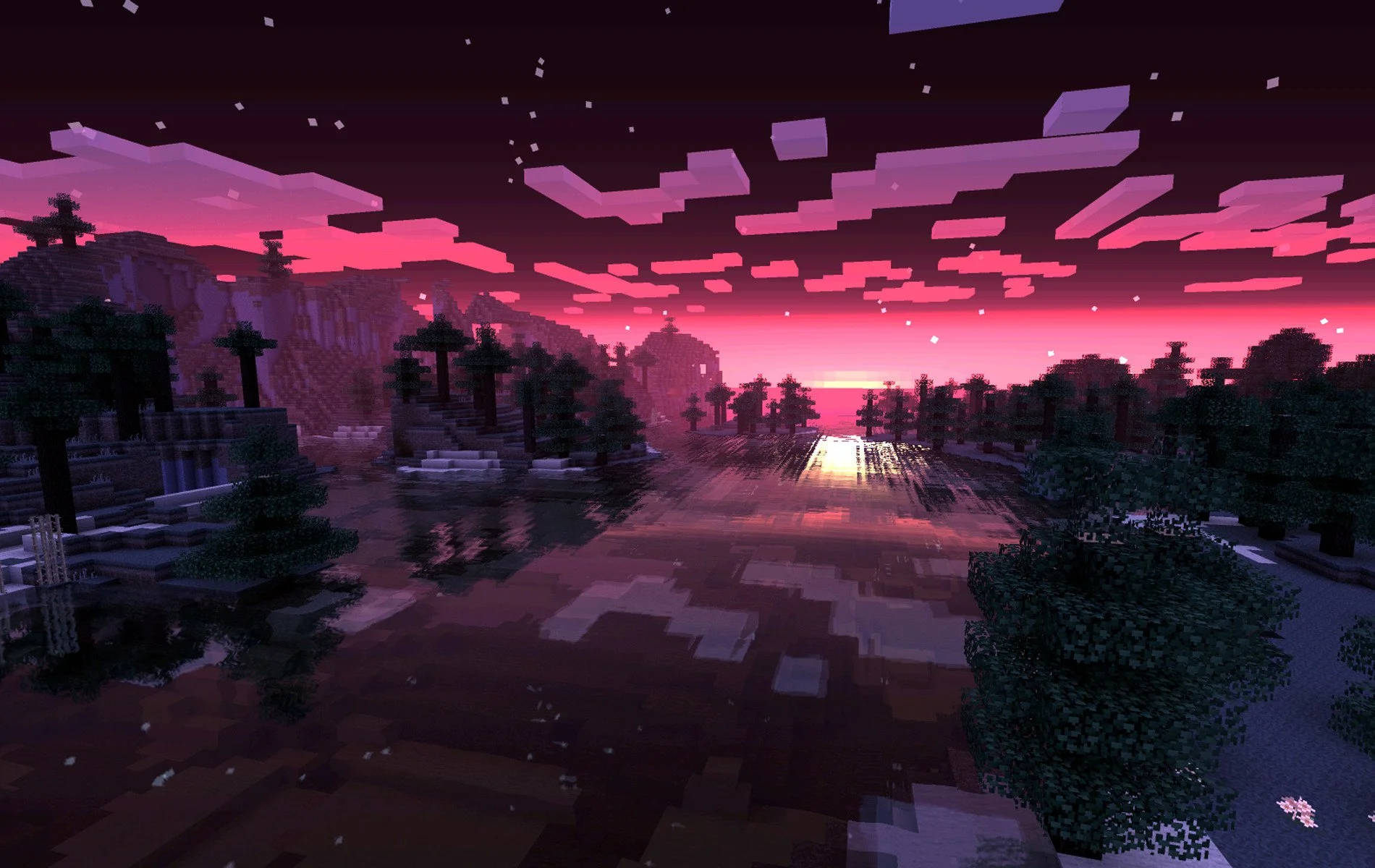 Minecraft, pink sky, sunset, HD Desktop Wallpaper