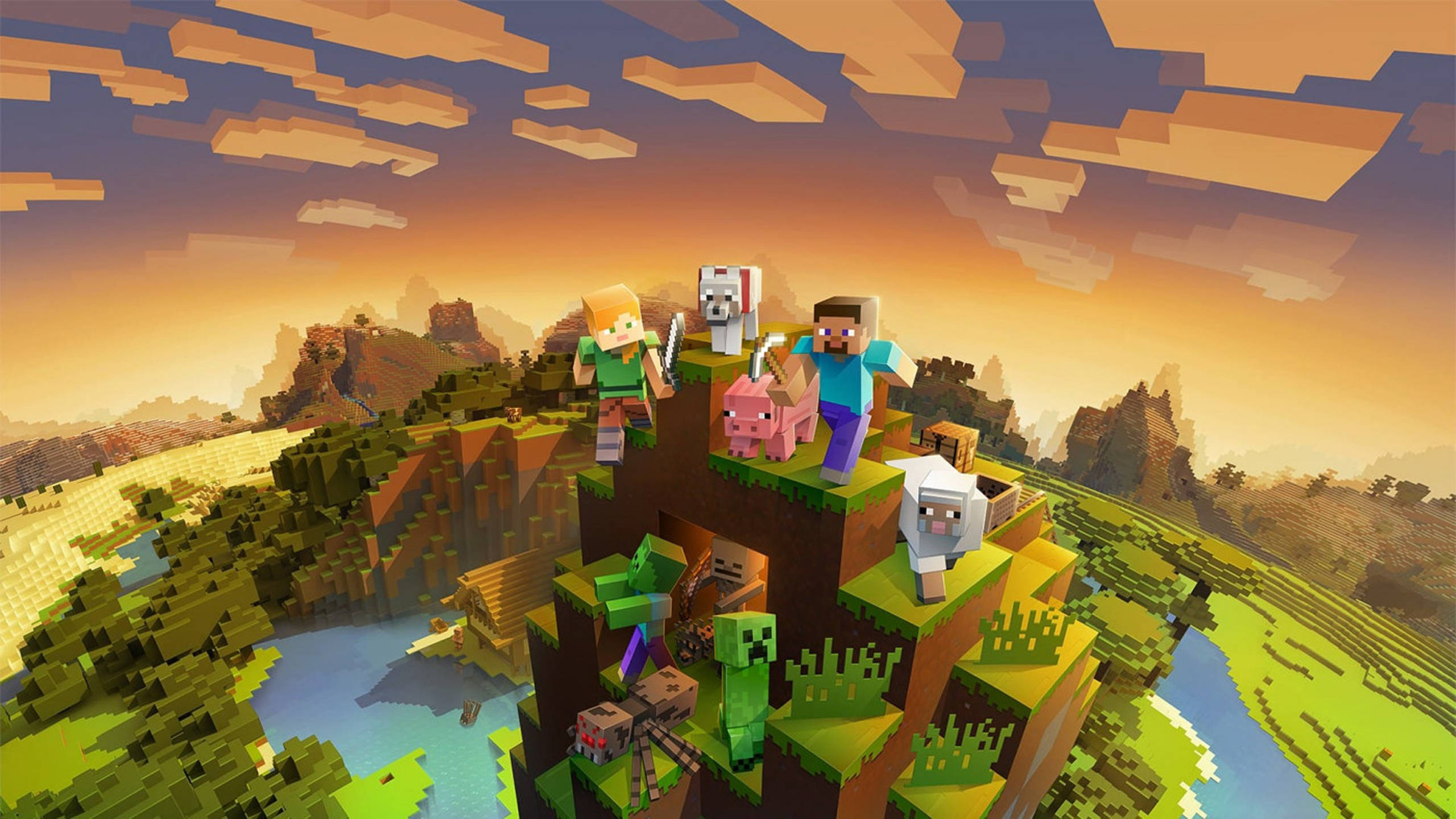 Minecraft, mountain, sunset, 2K Desktop Wallpaper