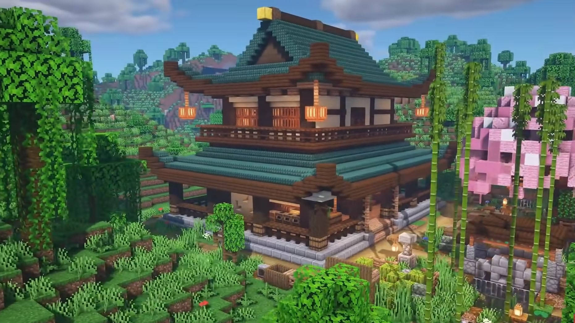 Minecraft, traditional Japanese house, pagoda, HD Desktop Wallpaper
