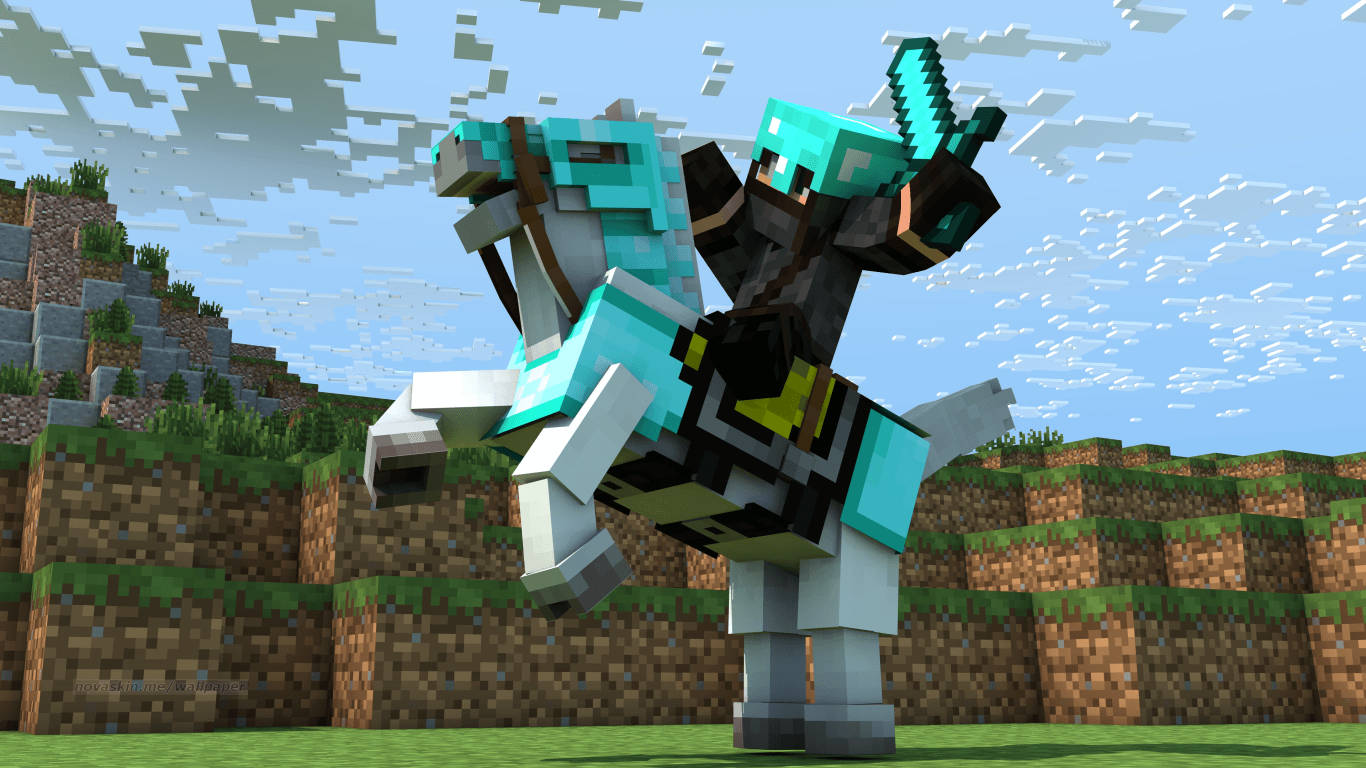Minecraft, diamond armor, cyan horse, HD Desktop Wallpaper