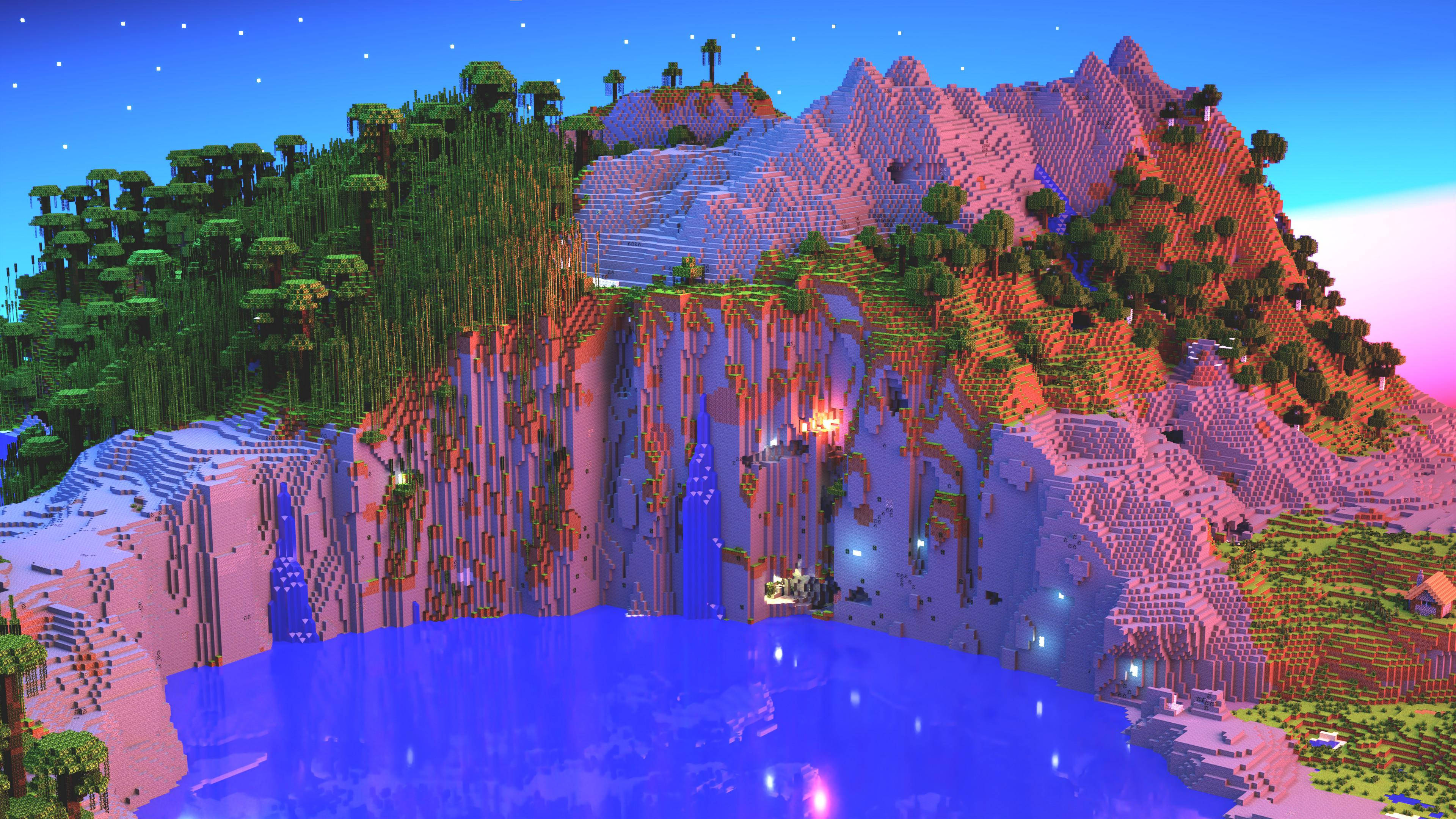 Minecraft, pink mountain, twilight, 4K Desktop Wallpaper