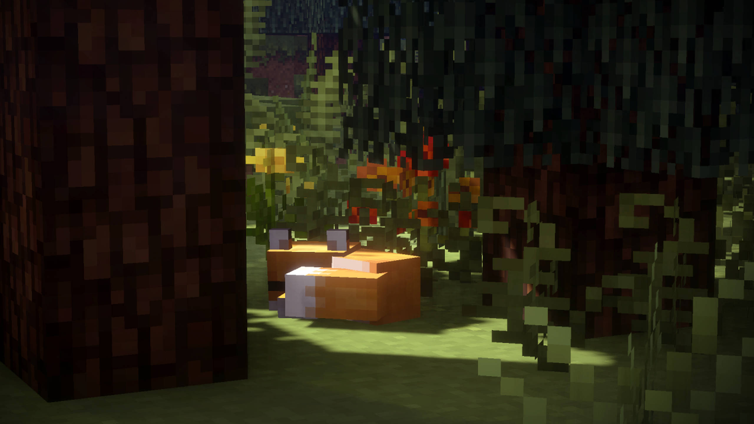 cute fox, sunlit forest clearing, blocky trees, 2K Desktop Wallpaper