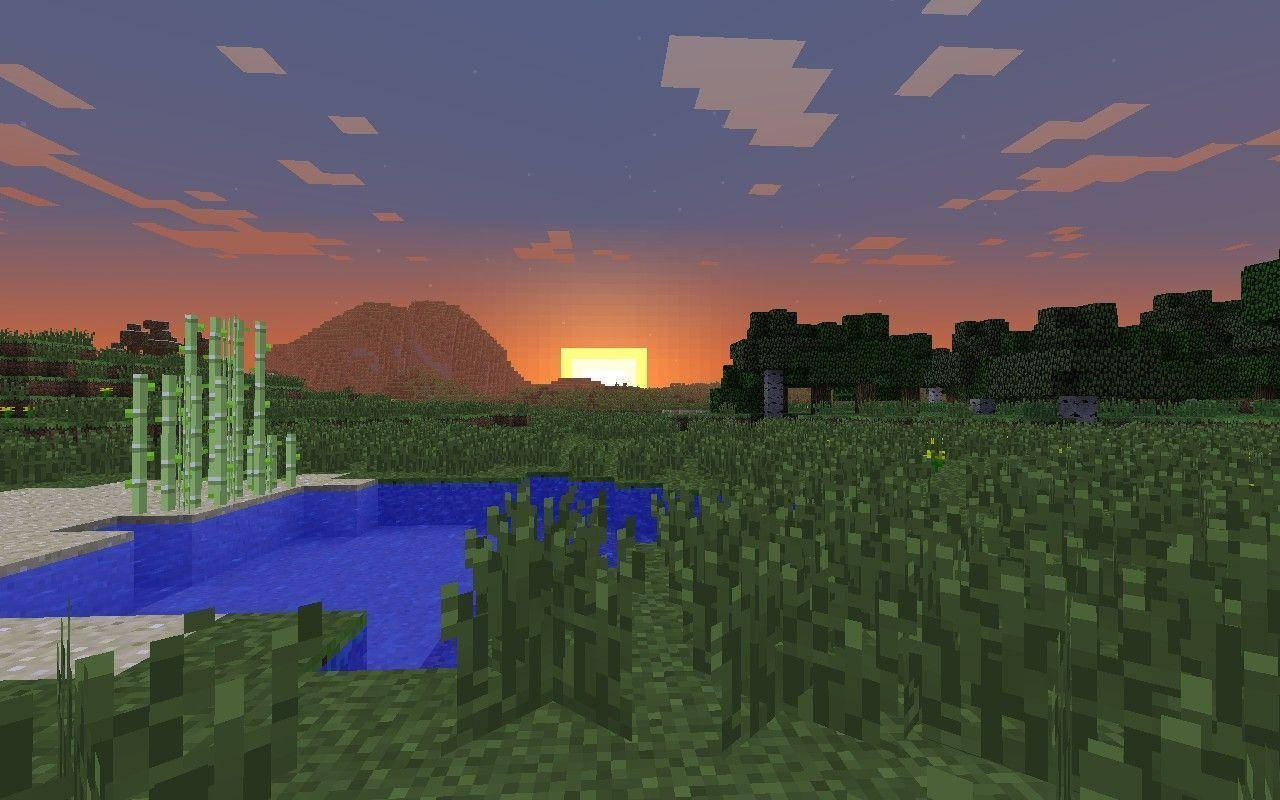 Minecraft, sunset, river, HD Desktop Wallpaper