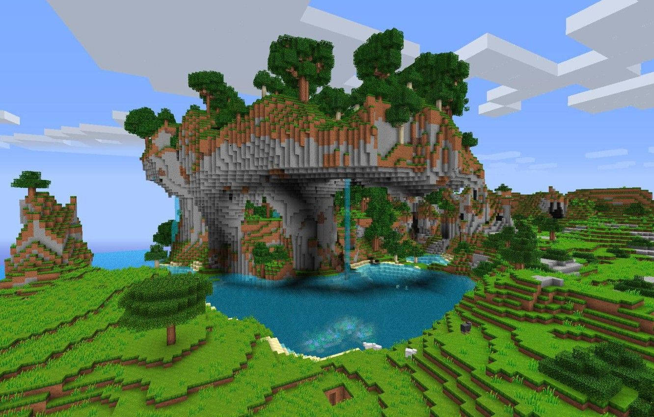 Minecraft, elevated forest, waterfall, HD Desktop Wallpaper