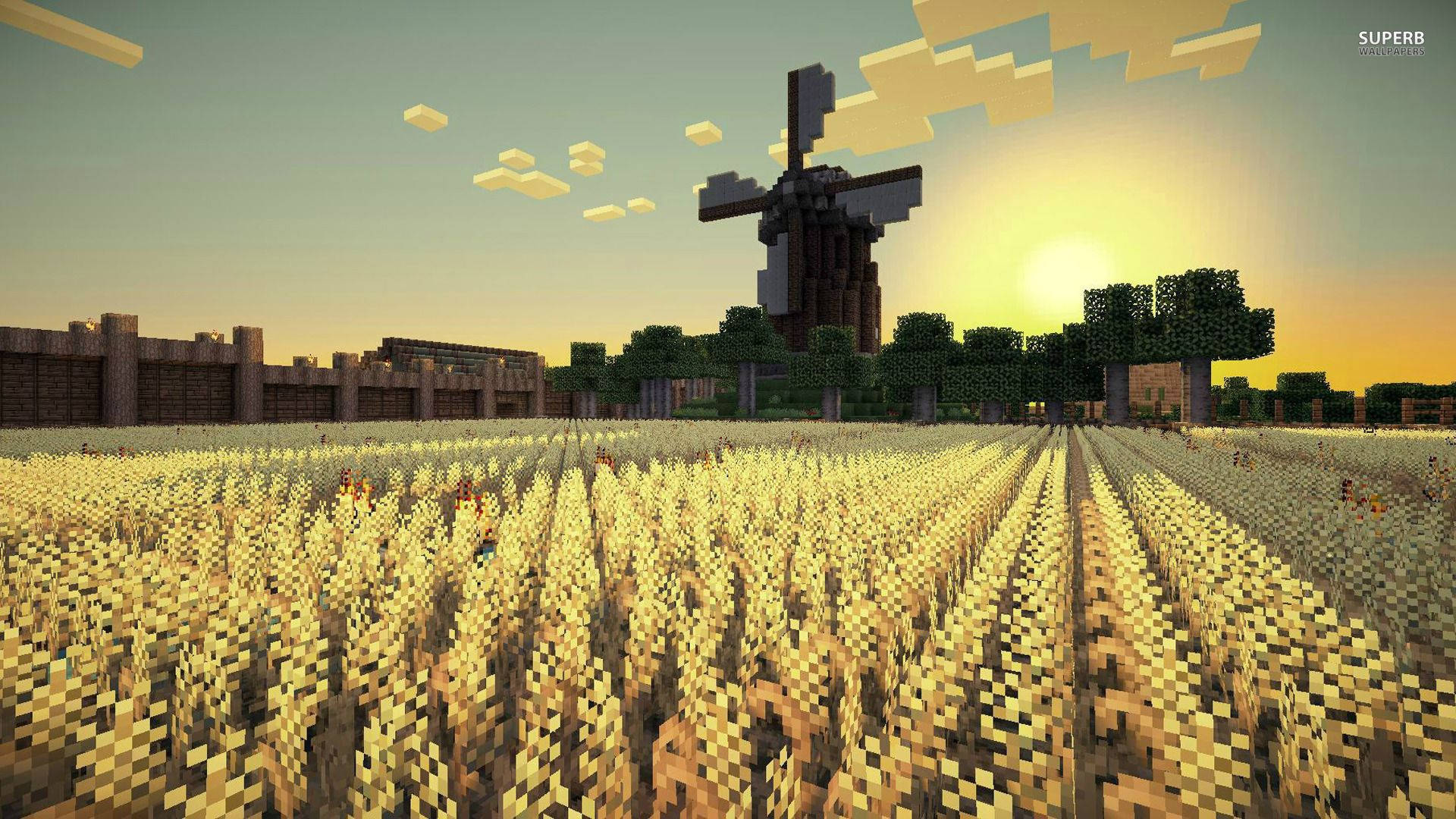 Minecraft, golden wheat, windmill, Full HD Desktop Wallpaper