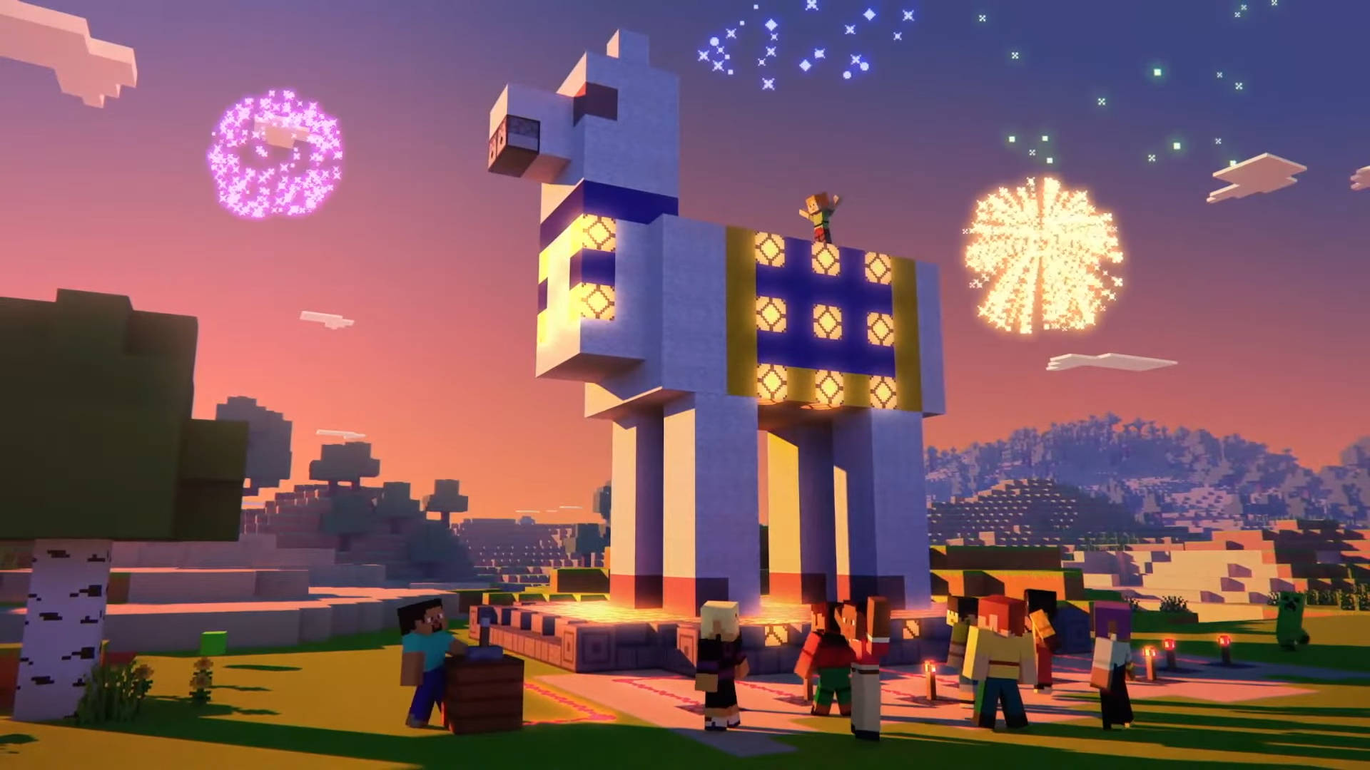 llama statue, fireworks, Minecraft, Full HD Desktop Wallpaper