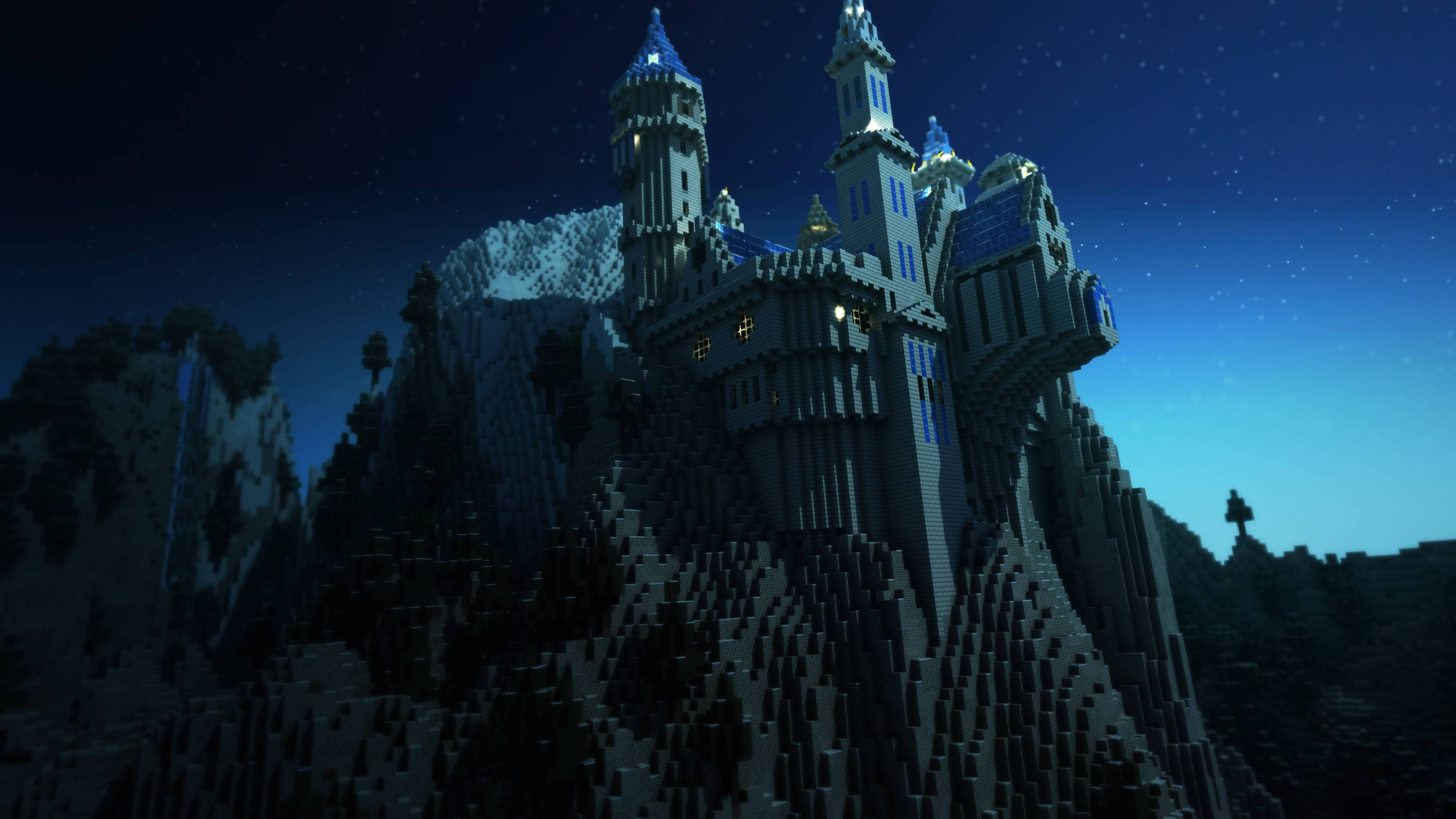 Minecraft, pixelated castle, snowy mountain, 4K Desktop Wallpaper
