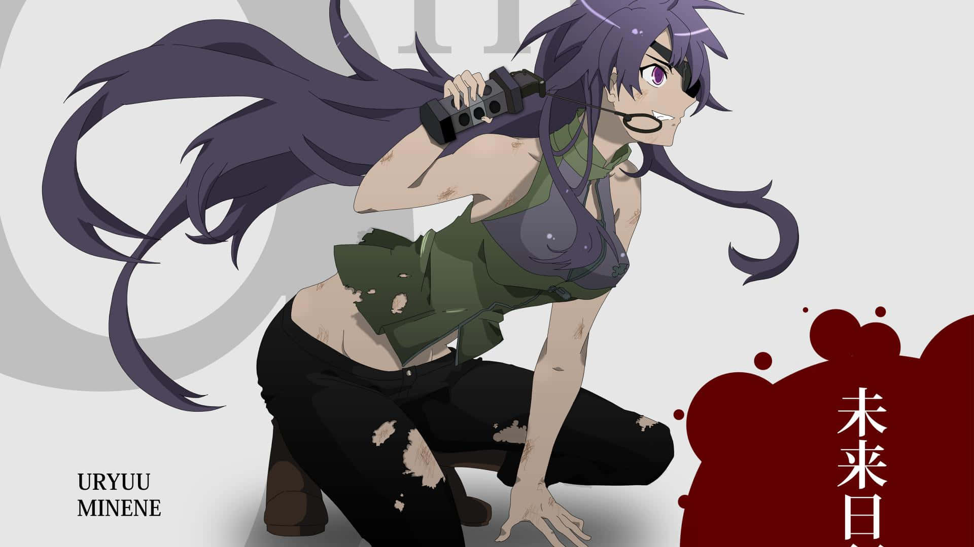 Minene Uryuu, purple hair, crouches holding a weapon, Full HD Desktop Wallpaper