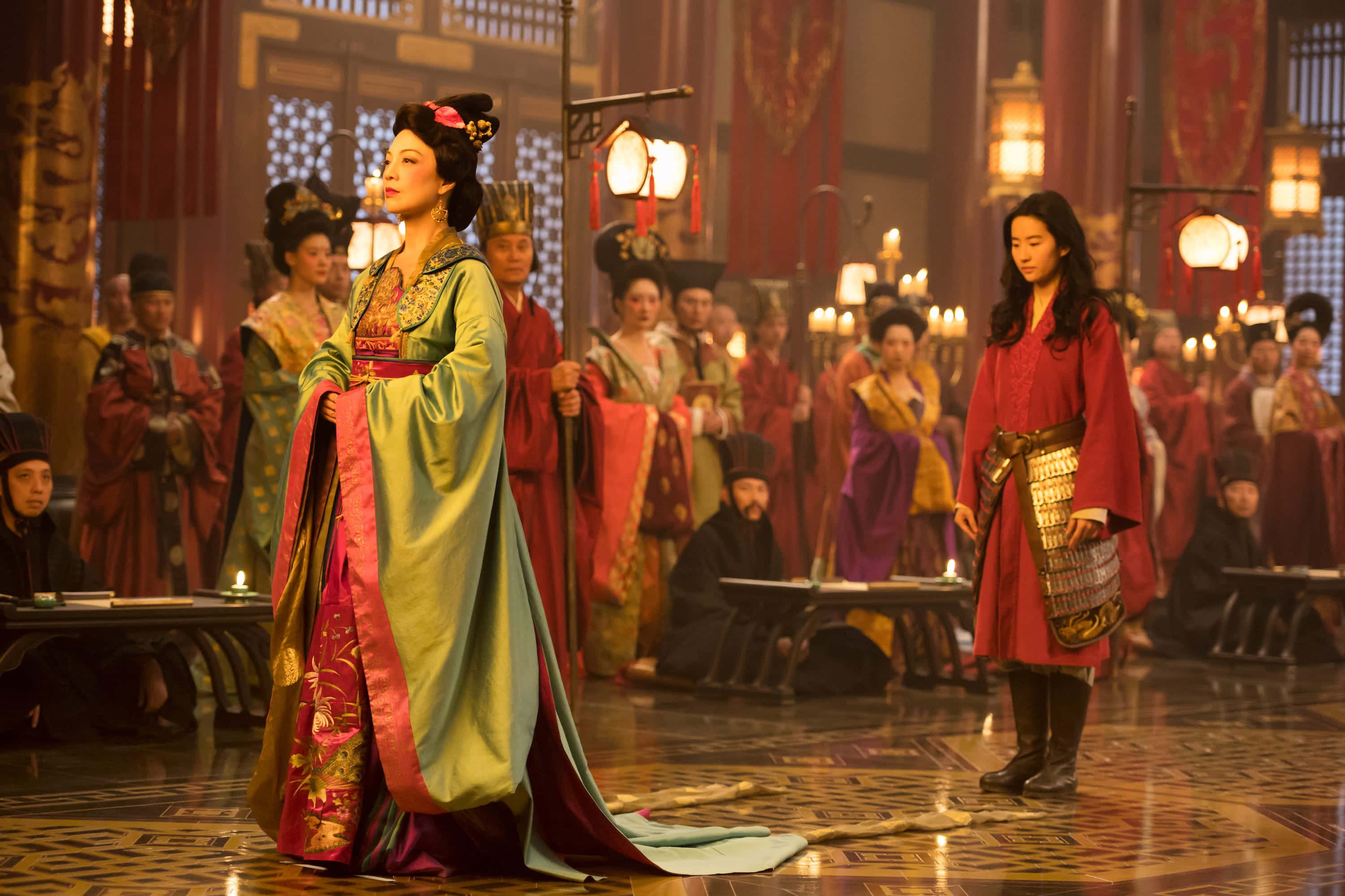 Ming Na Wen, green silk robes, candlelit imperial hall, 2K Desktop Wallpaper