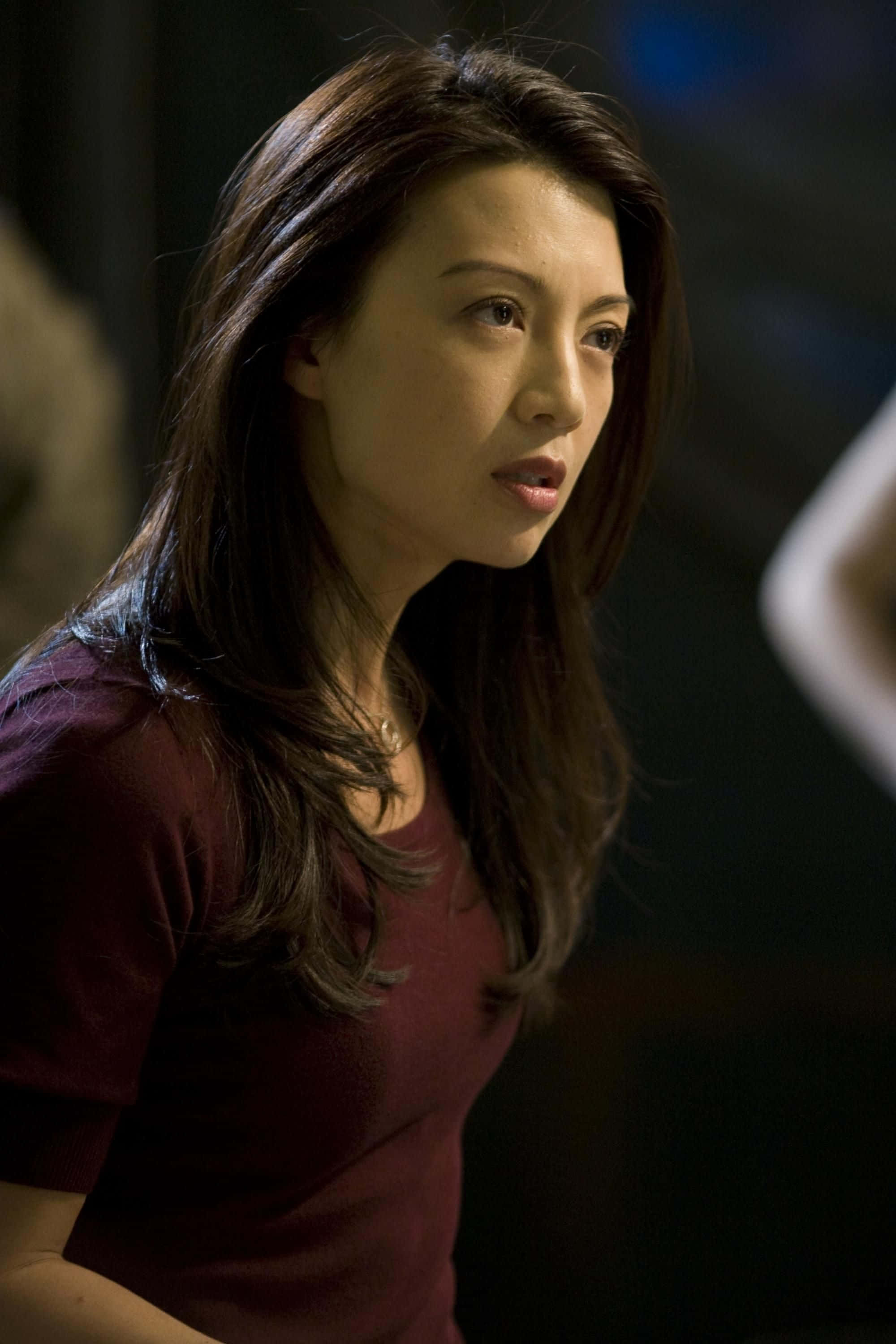 Ming Na Wen, long dark hair, maroon shirt, 2K Phone Wallpaper