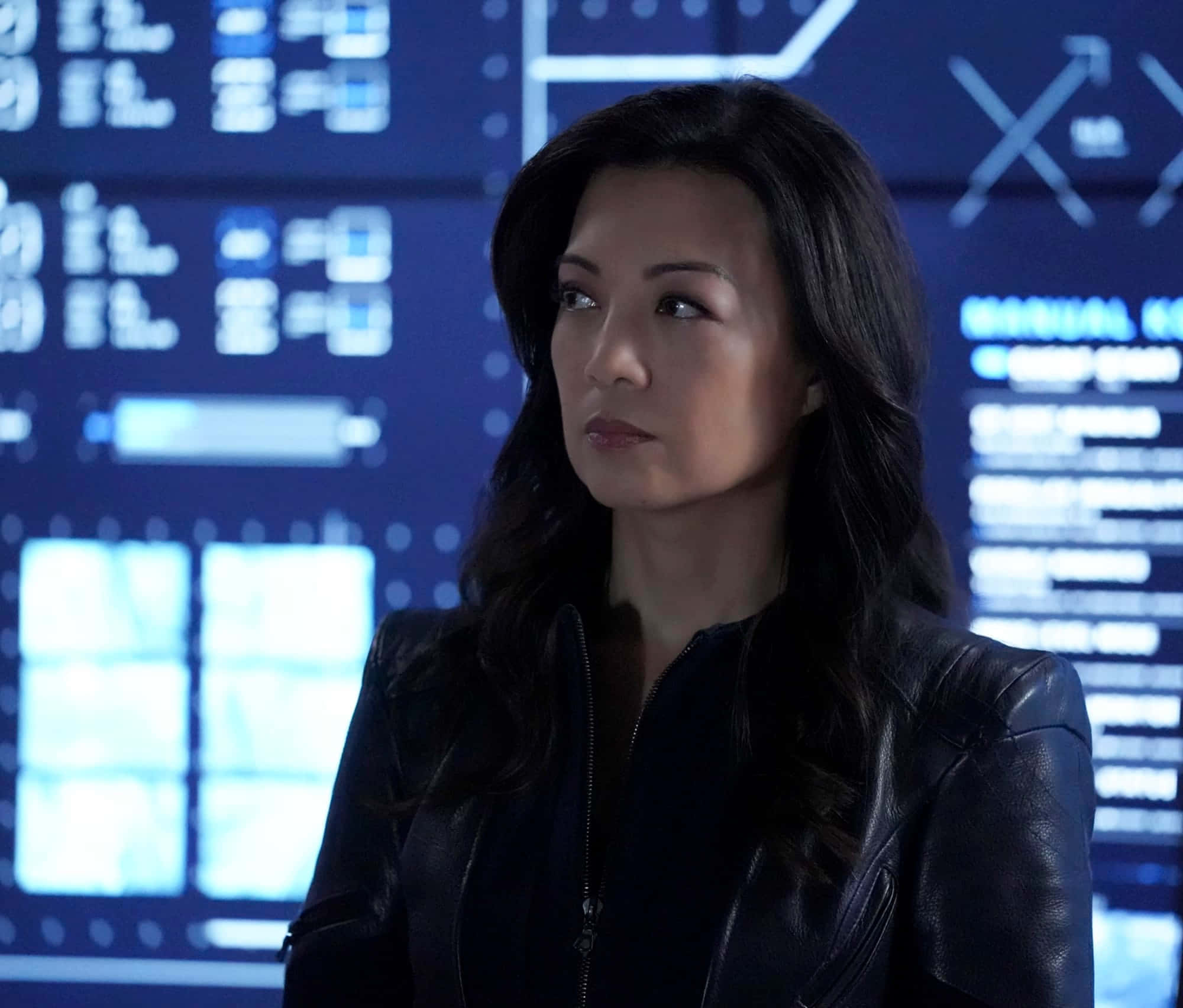 Ming Na Wen, black leather jacket, glowing blue digital screens, Full HD Desktop Wallpaper