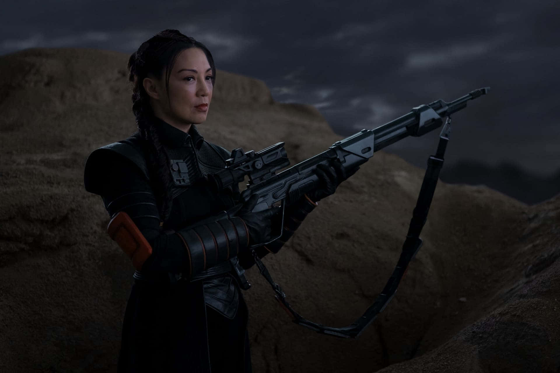 Ming Na Wen, black armor, heavy blaster rifle, Full HD Desktop Wallpaper