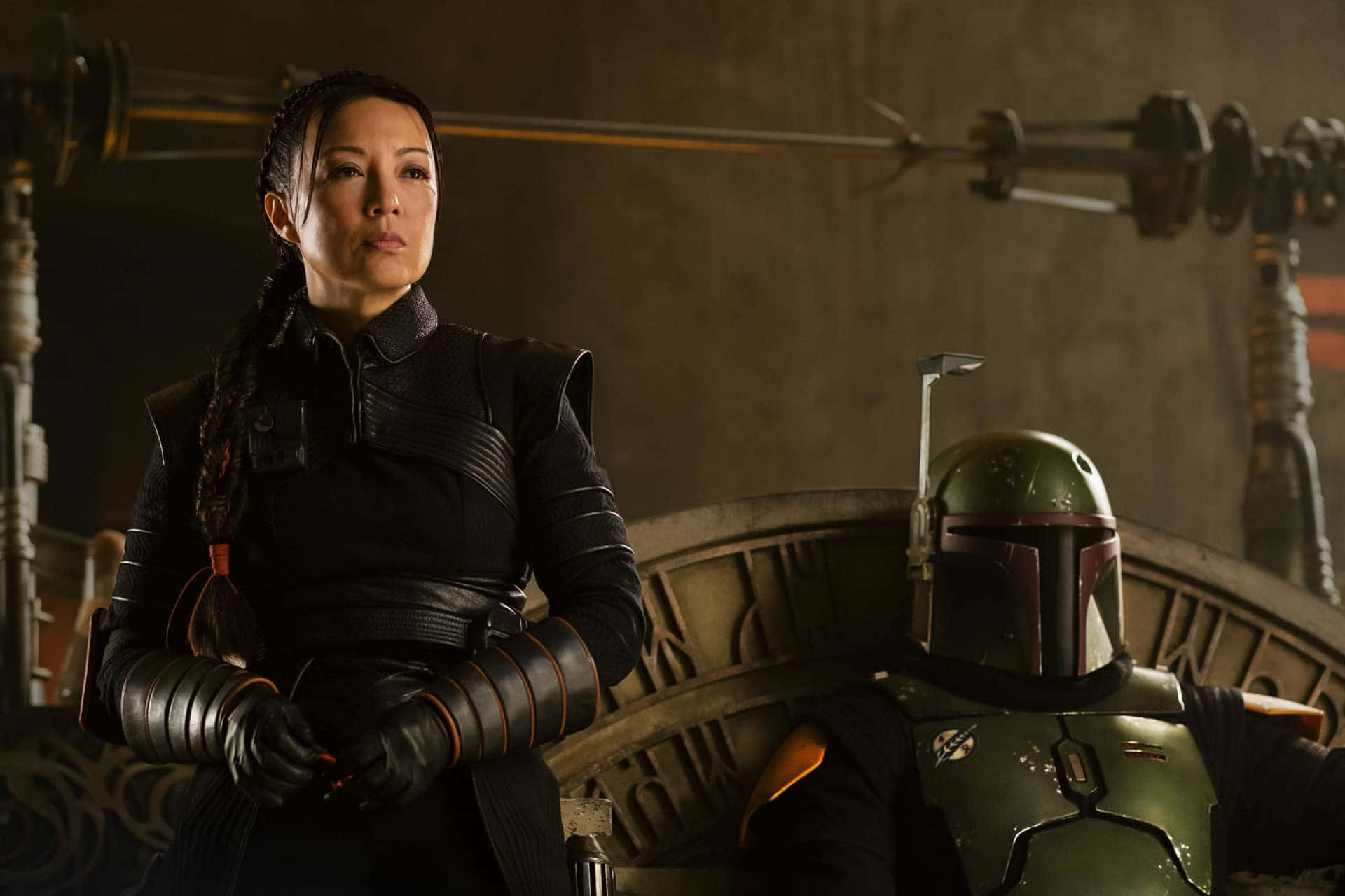 Ming Na Wen, black armor, green helmeted bounty hunter, Full HD Desktop Wallpaper