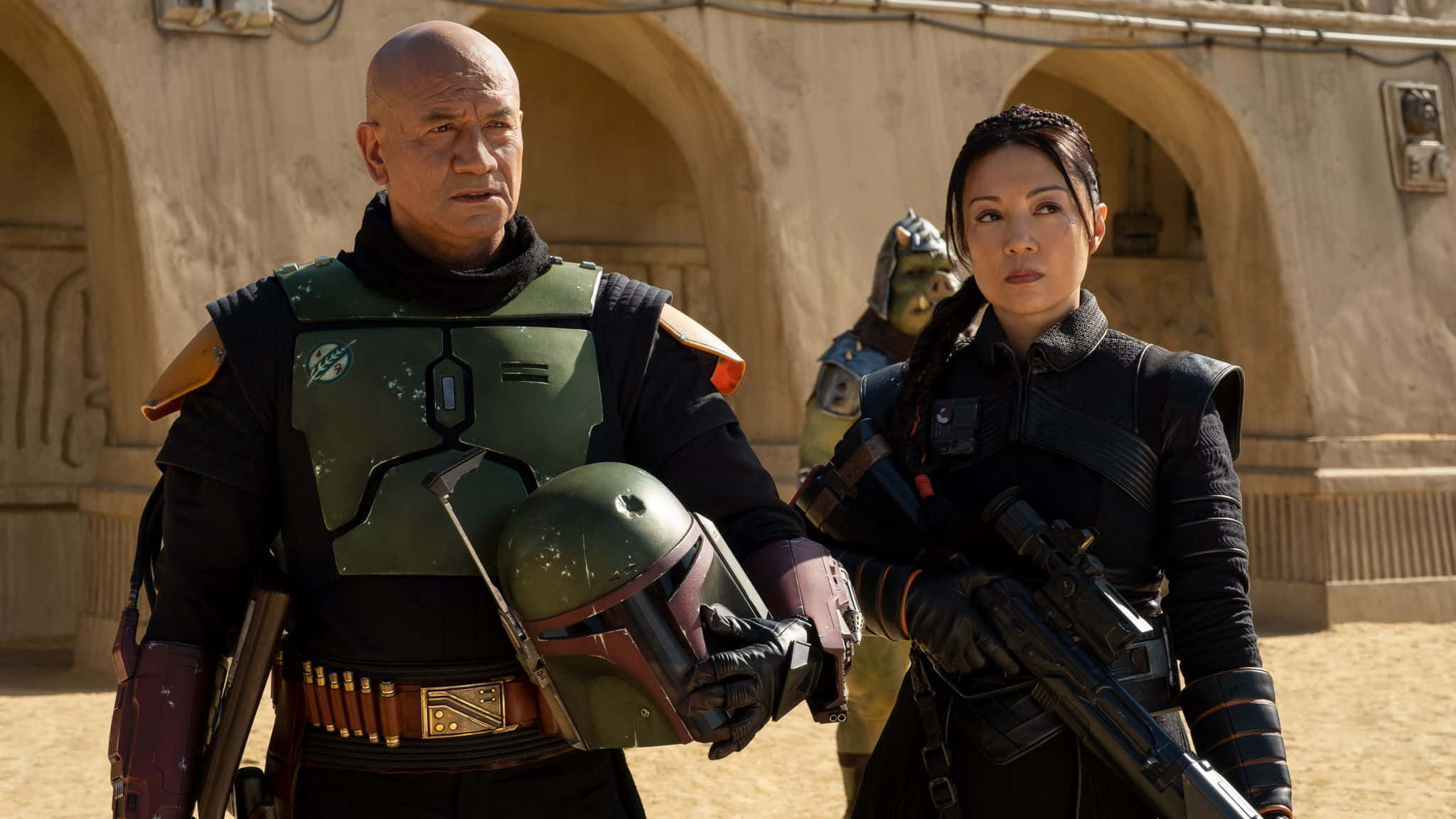 Ming Na Wen, armored bounty hunters, sunbaked desert town, Full HD Desktop Wallpaper