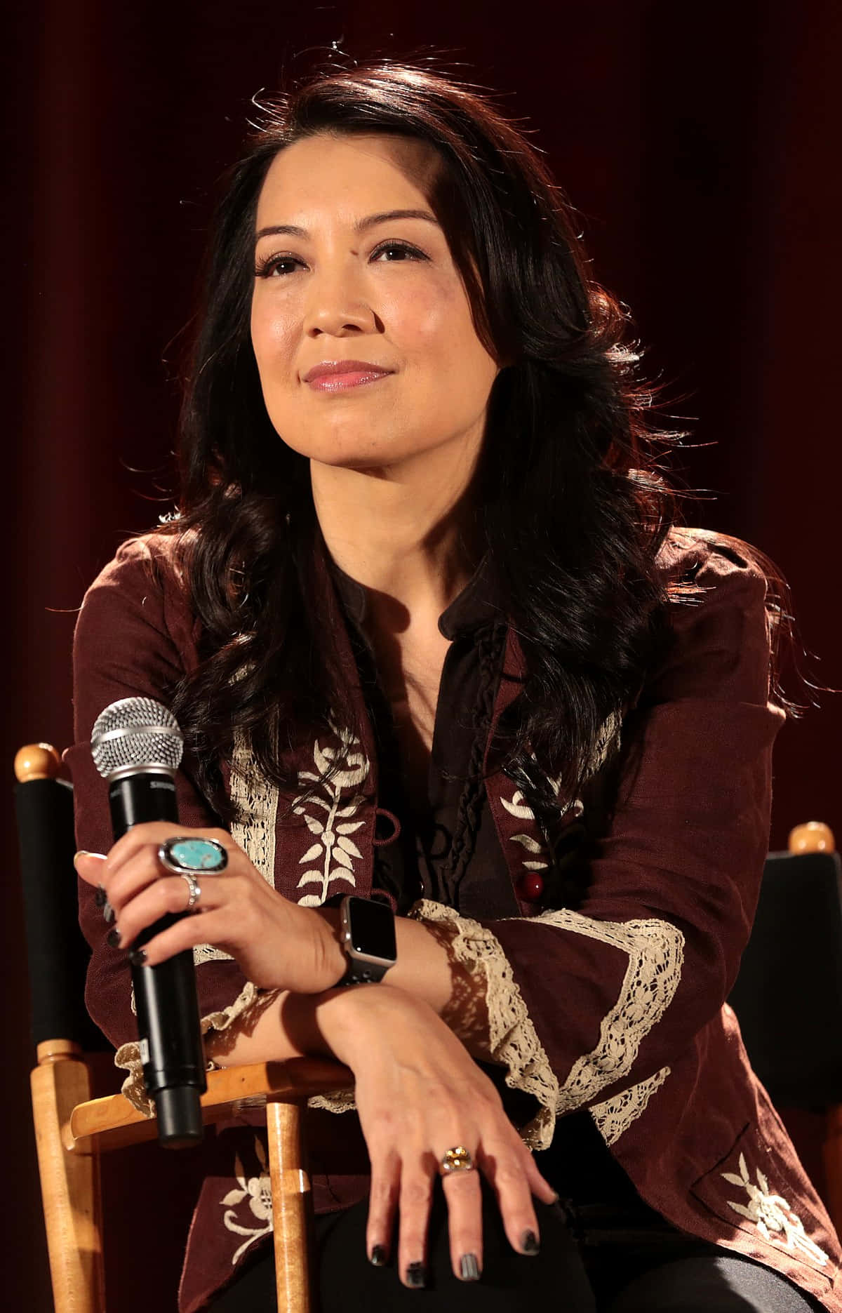 Ming Na Wen, dark hair, chair, HD Phone Wallpaper