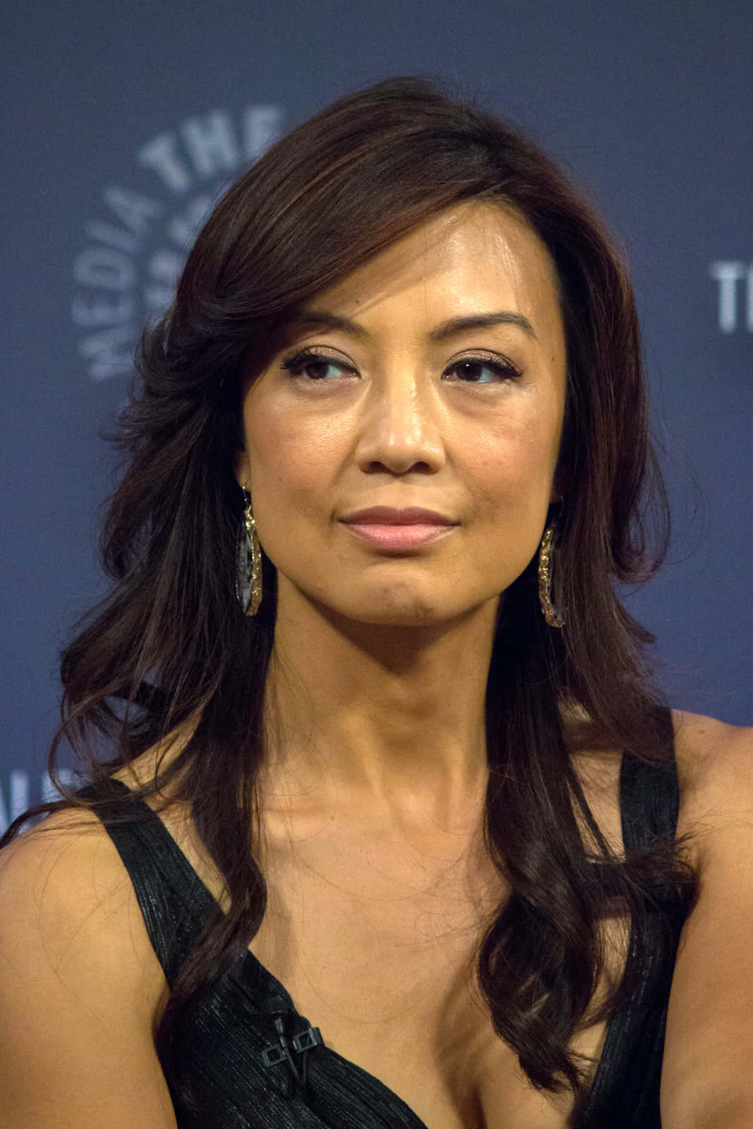 Ming Na Wen, dark wavy hair, gold earrings, HD Phone Wallpaper