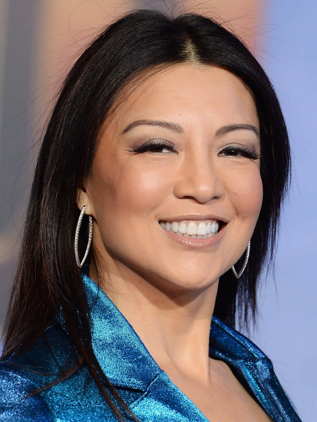 Ming Na Wen, shimmering blue jacket, sparkling hoop earrings, HD Phone Wallpaper