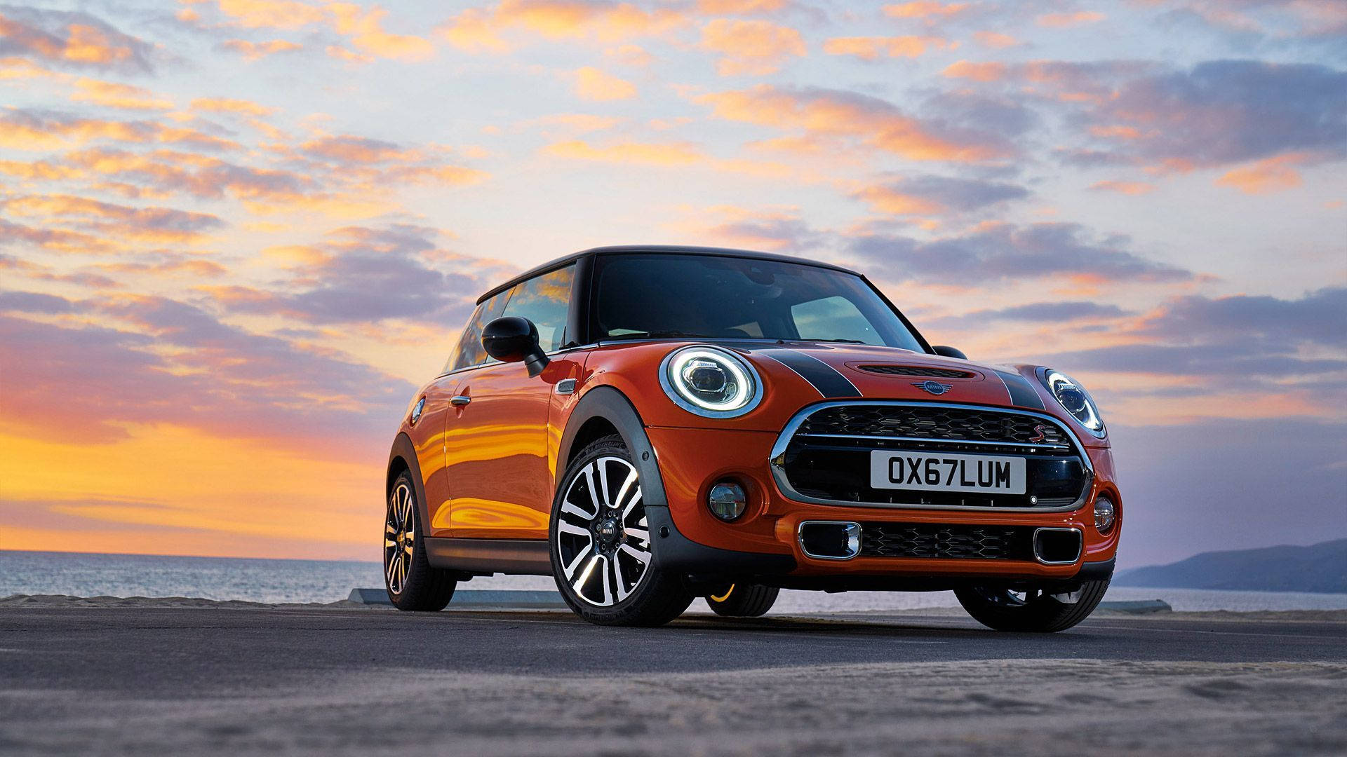 MINI Cooper, glossy red, coastal road, Full HD Desktop Wallpaper