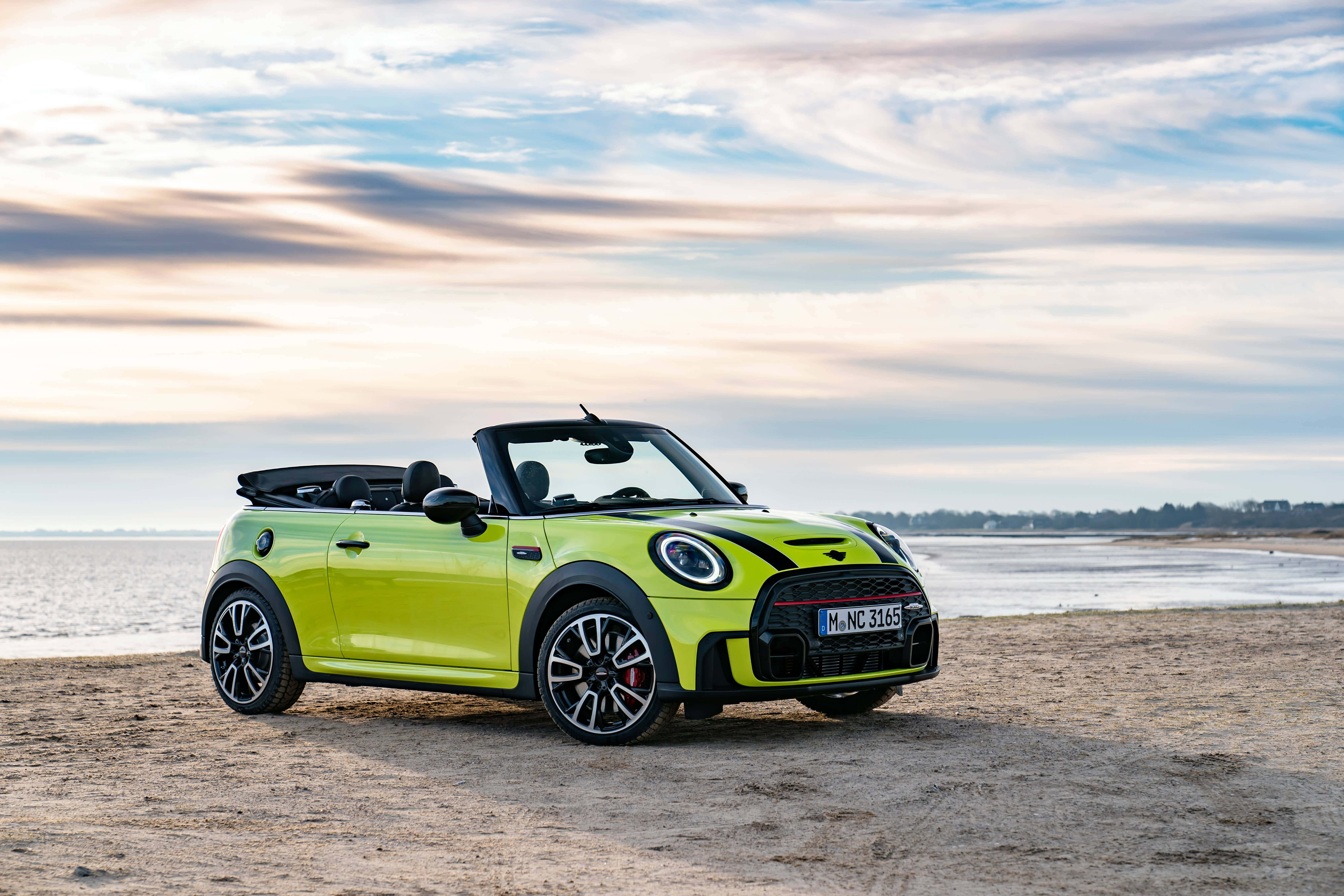 Mini Cooper Convertible, lime green, sandy beach, 5K Desktop Wallpaper