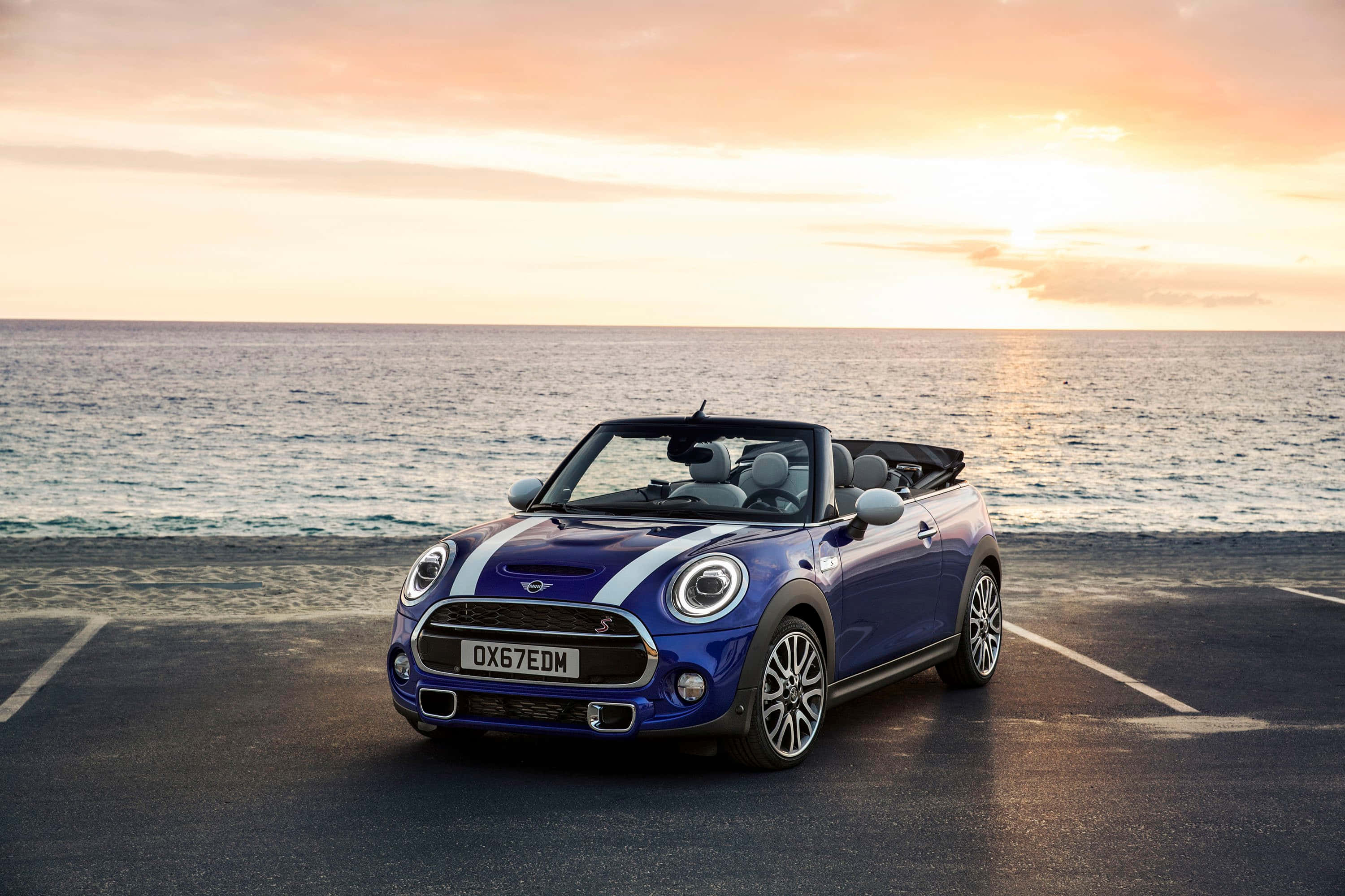 Mini Cooper Convertible, vibrant blue, seaside road, 2K Desktop Wallpaper