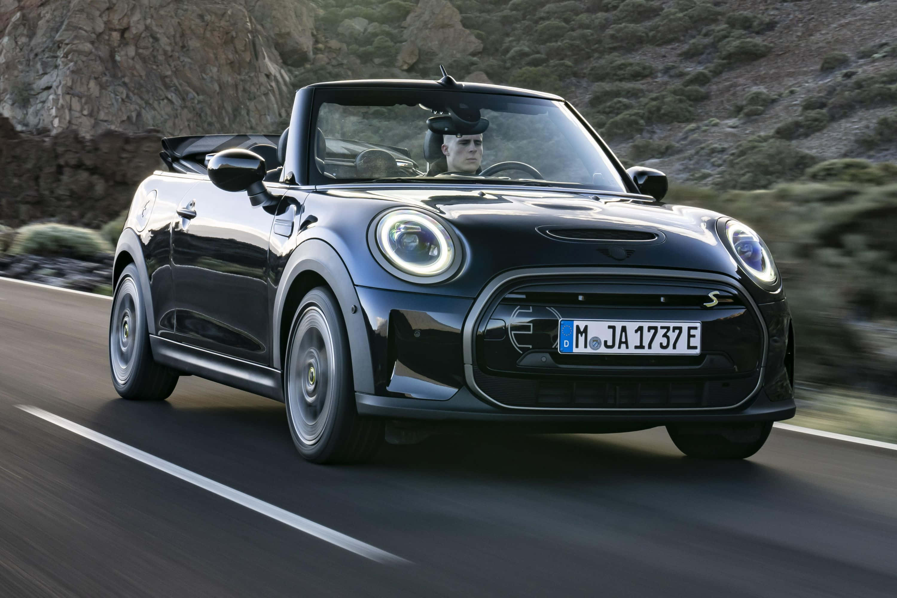 Mini Cooper S Convertible, black, winding mountain road, 2K Desktop Wallpaper