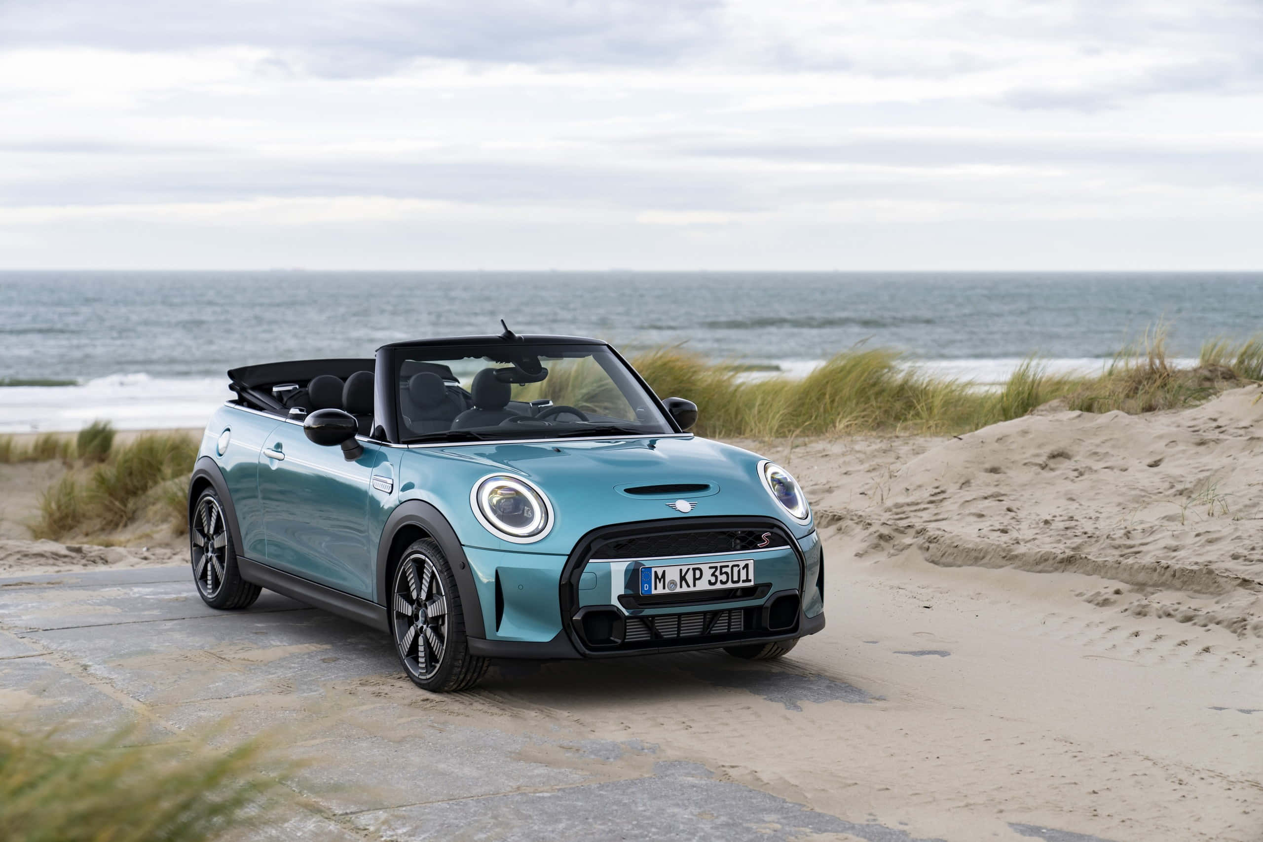 Mini Cooper Convertible, teal, coastal path, 2K Desktop Wallpaper