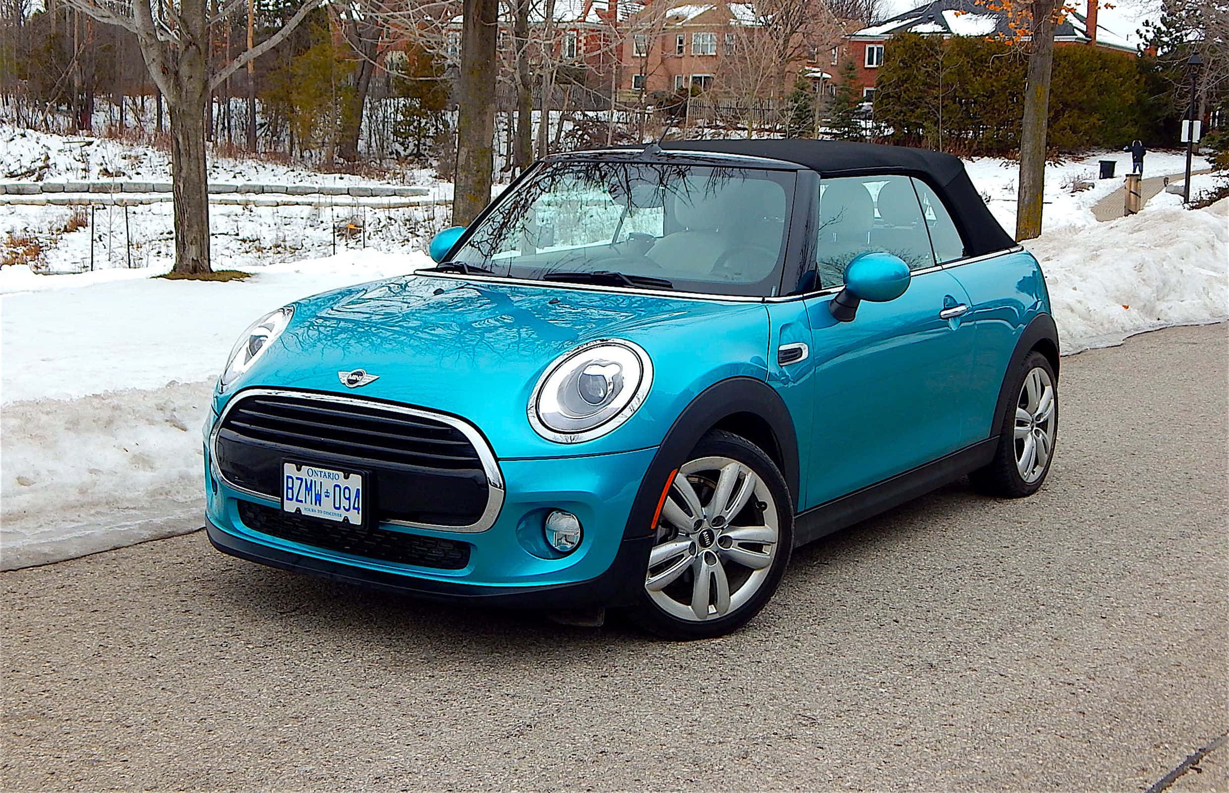 MINI Cooper convertible, turquoise, snowy roadside, Full HD Desktop Wallpaper