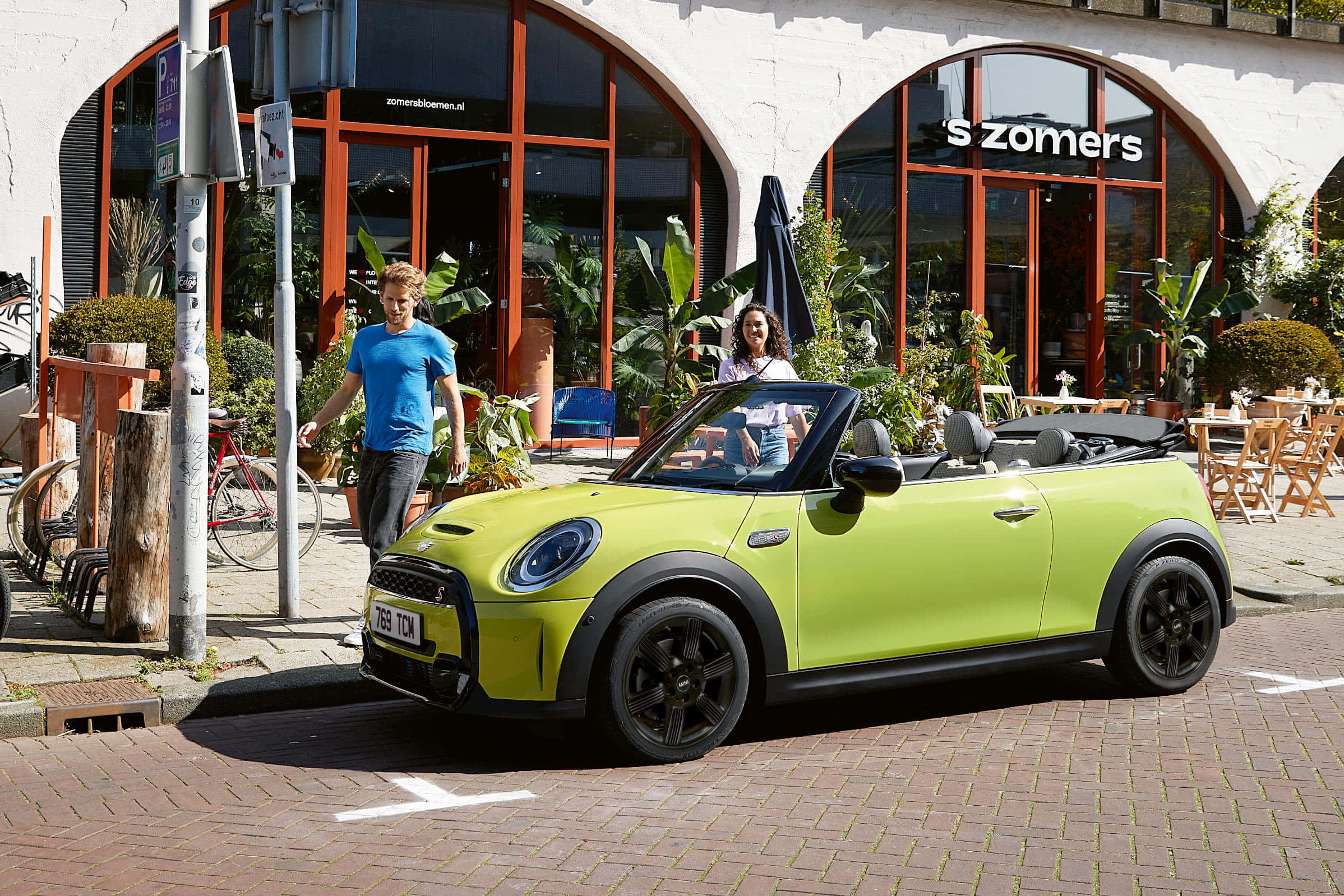 Mini Cooper Convertible, lime green, brick street, Full HD Desktop Wallpaper