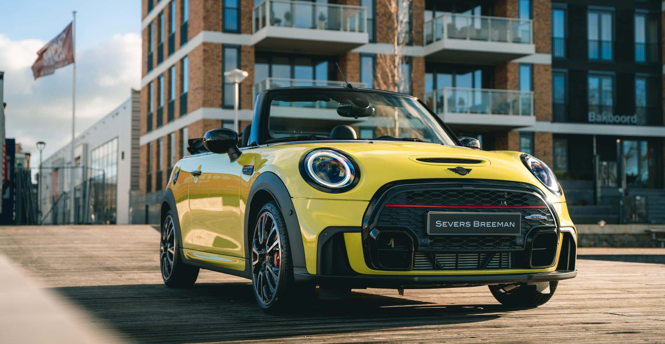 Mini Cooper Convertible, vibrant yellow, wooden dock, 2K Desktop Wallpaper