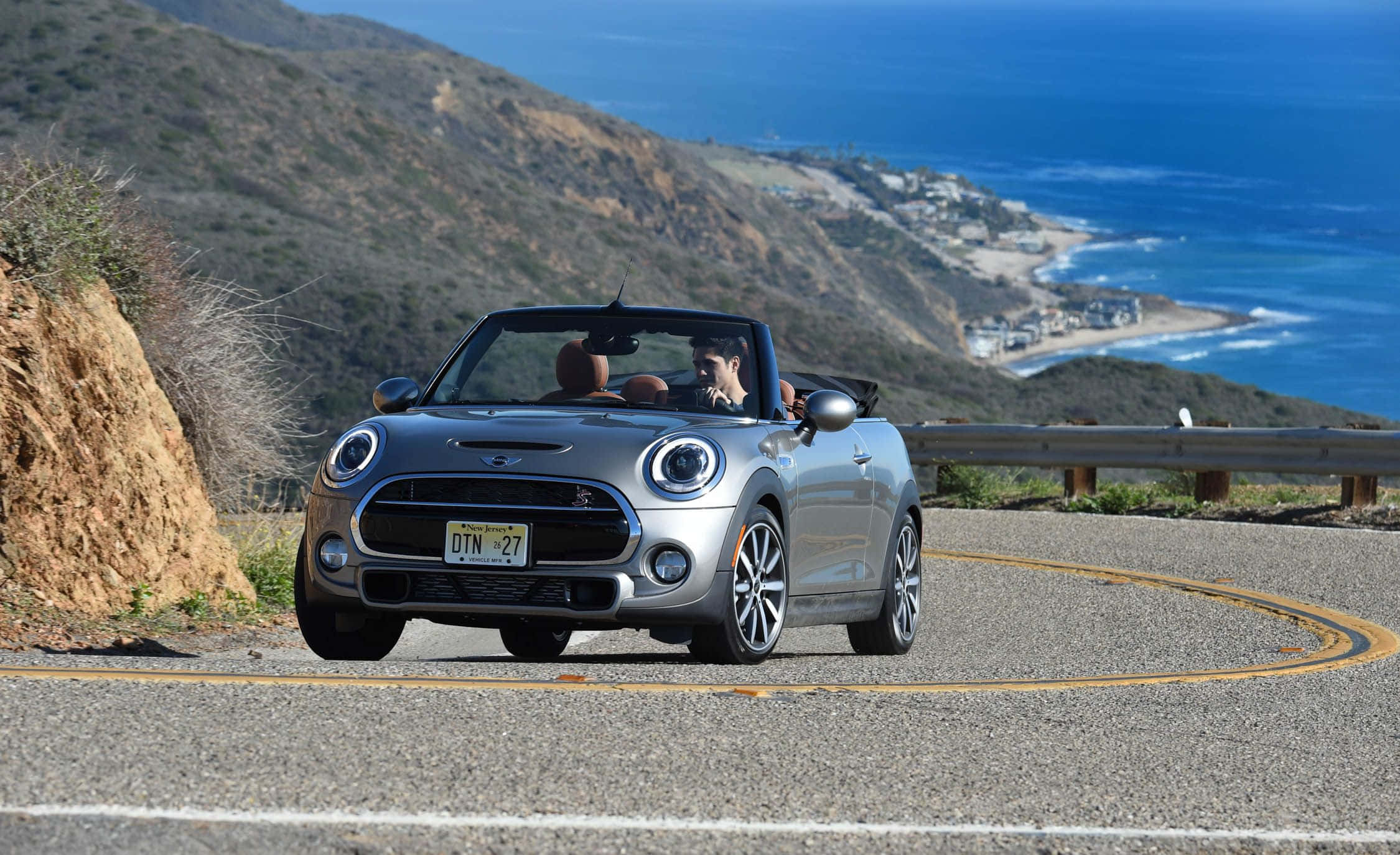 Mini Cooper Convertible, silver, coastal road, Full HD Desktop Wallpaper