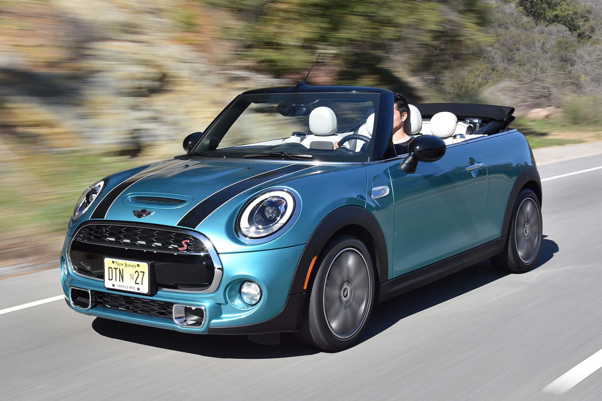 MINI Cooper S convertible, turquoise, sunlit road, Full HD Desktop Wallpaper