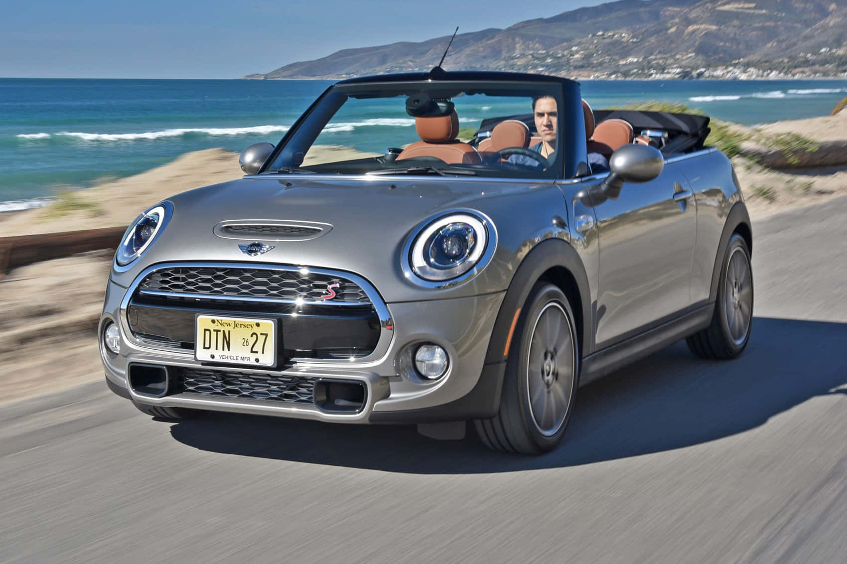 Mini Cooper Convertible, silver, coastal road, HD Desktop Wallpaper