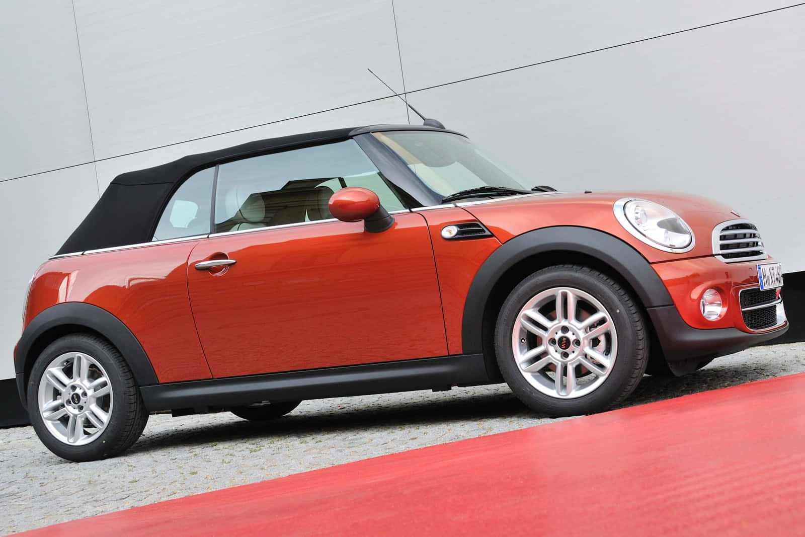 Mini Cooper Convertible, red carpet, minimalist gray wall, HD Desktop Wallpaper